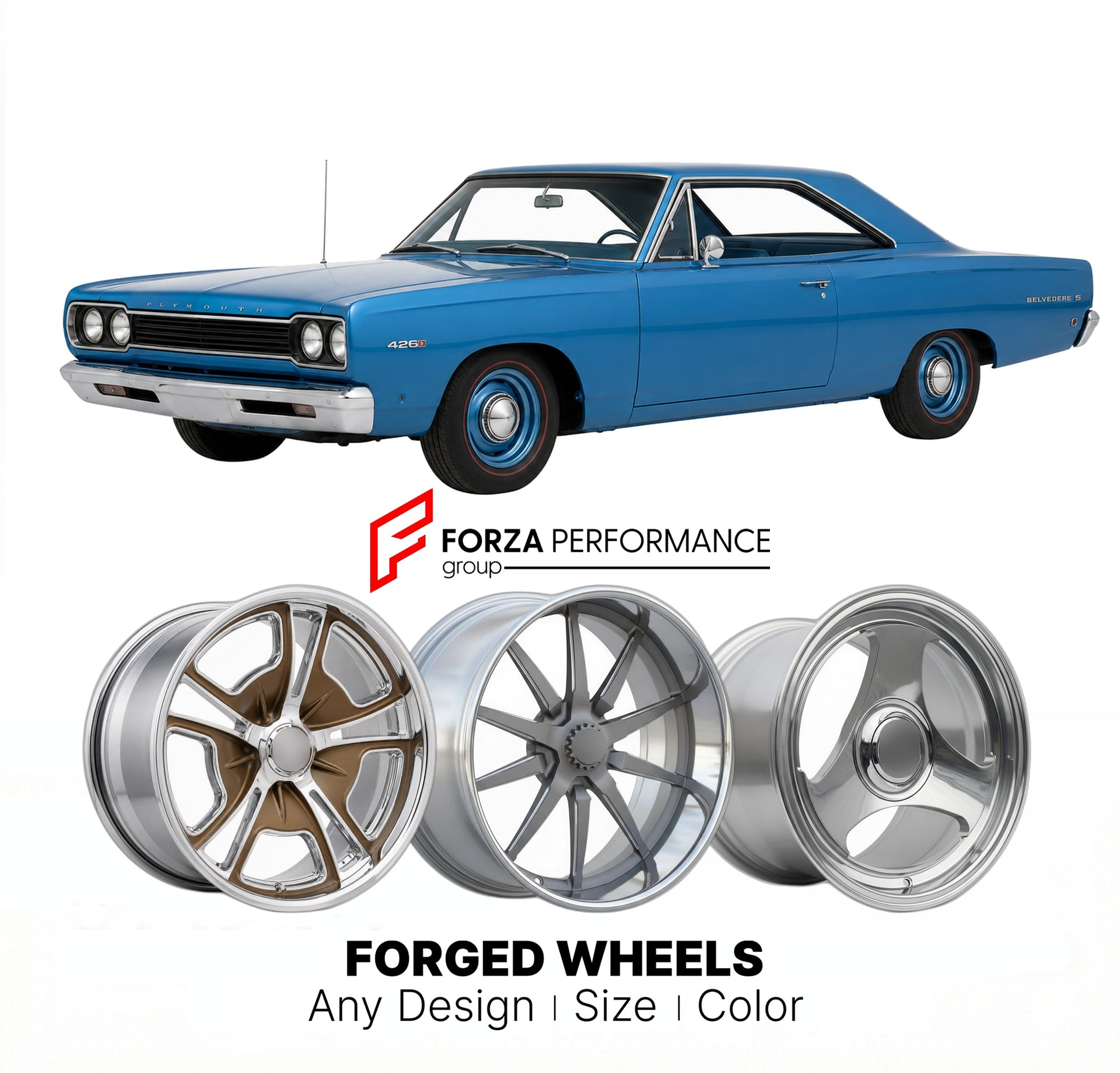 CUSTOM CLASSIC VINTAGE RESTOMOD RETRO OLD SCHOOL FORGED WHEELS RIMS for PLYMOUTH BELVEDERE 426-S 1968 - 1970
Custom forged wheels for classic American muscle cars. Ideal for restomod builds, vintage restorations, and show cars. Deep dish and retro styling available.

We manufacture premium quality forged wheels rims for Plymouth Belvedere 426-S 1968 - 1970 in any design, size, color.

THIS WHEEL DESIGN CAN BE CUSTOM-MADE FOR YOUR CAR IN ANY SIZE AND COLOR OPTIONS
Available in monoblock, 2-piece, 3-piece, du
