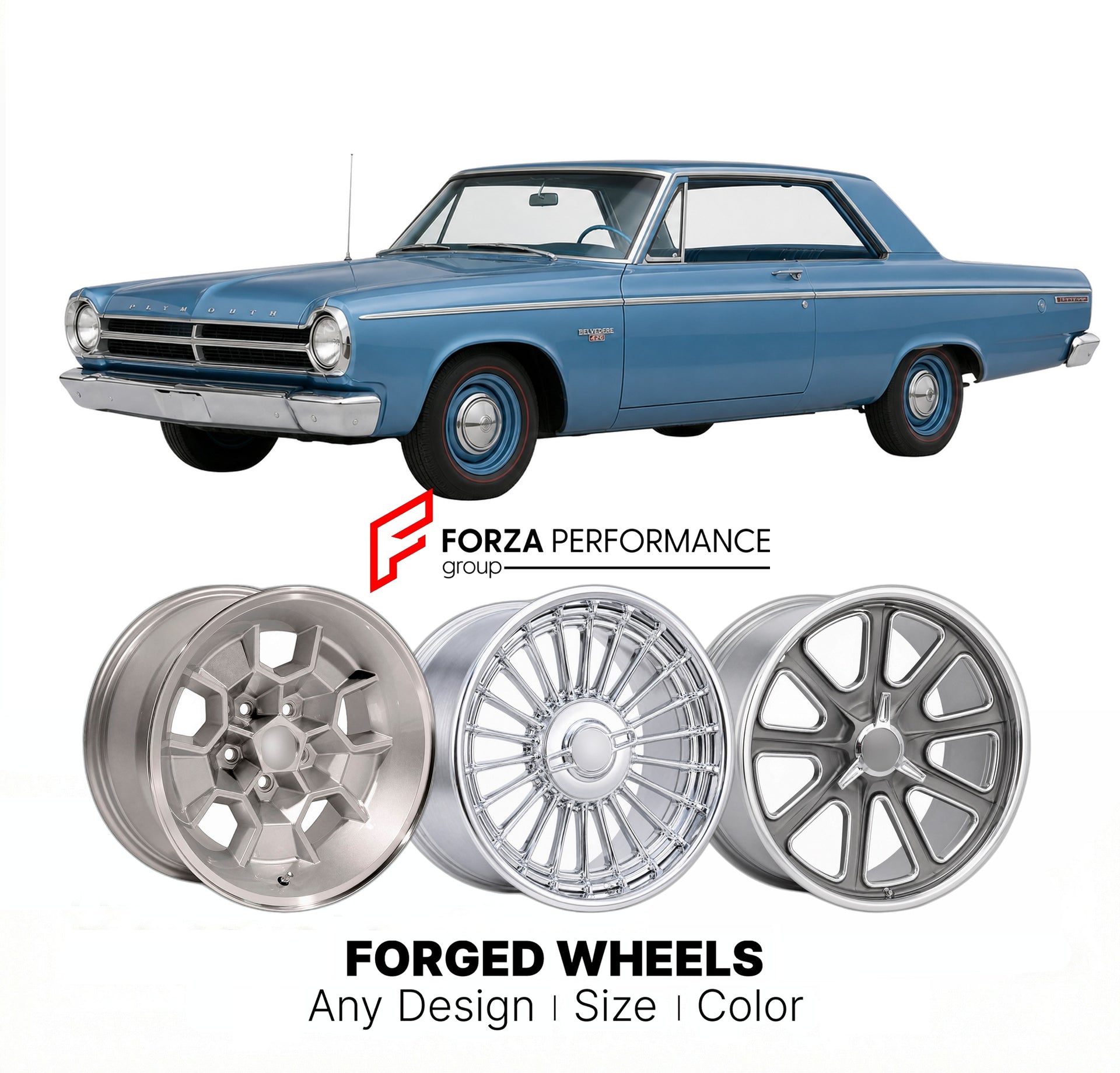CUSTOM CLASSIC VINTAGE RESTOMOD RETRO OLD SCHOOL FORGED WHEELS RIMS for PLYMOUTH BELVEDERE 426 STREET WEDGE 1965 - 1965
Custom forged wheels for classic American muscle cars. Ideal for restomod builds, vintage restorations, and show cars. Deep dish and retro styling available.

We manufacture premium quality forged wheels rims for Plymouth Belvedere 426 Street Wedge 1965 - 1965 in any design, size, color.

THIS WHEEL DESIGN CAN BE CUSTOM-MADE FOR YOUR CAR IN ANY SIZE AND COLOR OPTIONS
Available in monoblock
