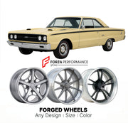 CUSTOM CLASSIC VINTAGE RESTOMOD RETRO OLD SCHOOL FORGED WHEELS RIMS for PLYMOUTH BELVEDERE GTX 1967 - 1967
Custom forged wheels for classic American muscle cars. Ideal for restomod builds, vintage restorations, and show cars. Deep dish and retro styling available.

We manufacture premium quality forged wheels rims for Plymouth Belvedere GTX 1967 - 1967 in any design, size, color.

THIS WHEEL DESIGN CAN BE CUSTOM-MADE FOR YOUR CAR IN ANY SIZE AND COLOR OPTIONS
Available in monoblock, 2-piece, 3-piece, duoblo