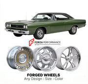 CUSTOM CLASSIC VINTAGE RESTOMOD RETRO OLD SCHOOL FORGED WHEELS RIMS for PLYMOUTH BELVEDERE GTX 1968 - 1970
Custom forged wheels for classic American muscle cars. Ideal for restomod builds, vintage restorations, and show cars. Deep dish and retro styling available.

We manufacture premium quality forged wheels rims for Plymouth Belvedere GTX 1968 - 1970 in any design, size, color.

THIS WHEEL DESIGN CAN BE CUSTOM-MADE FOR YOUR CAR IN ANY SIZE AND COLOR OPTIONS
Available in monoblock, 2-piece, 3-piece, duoblo