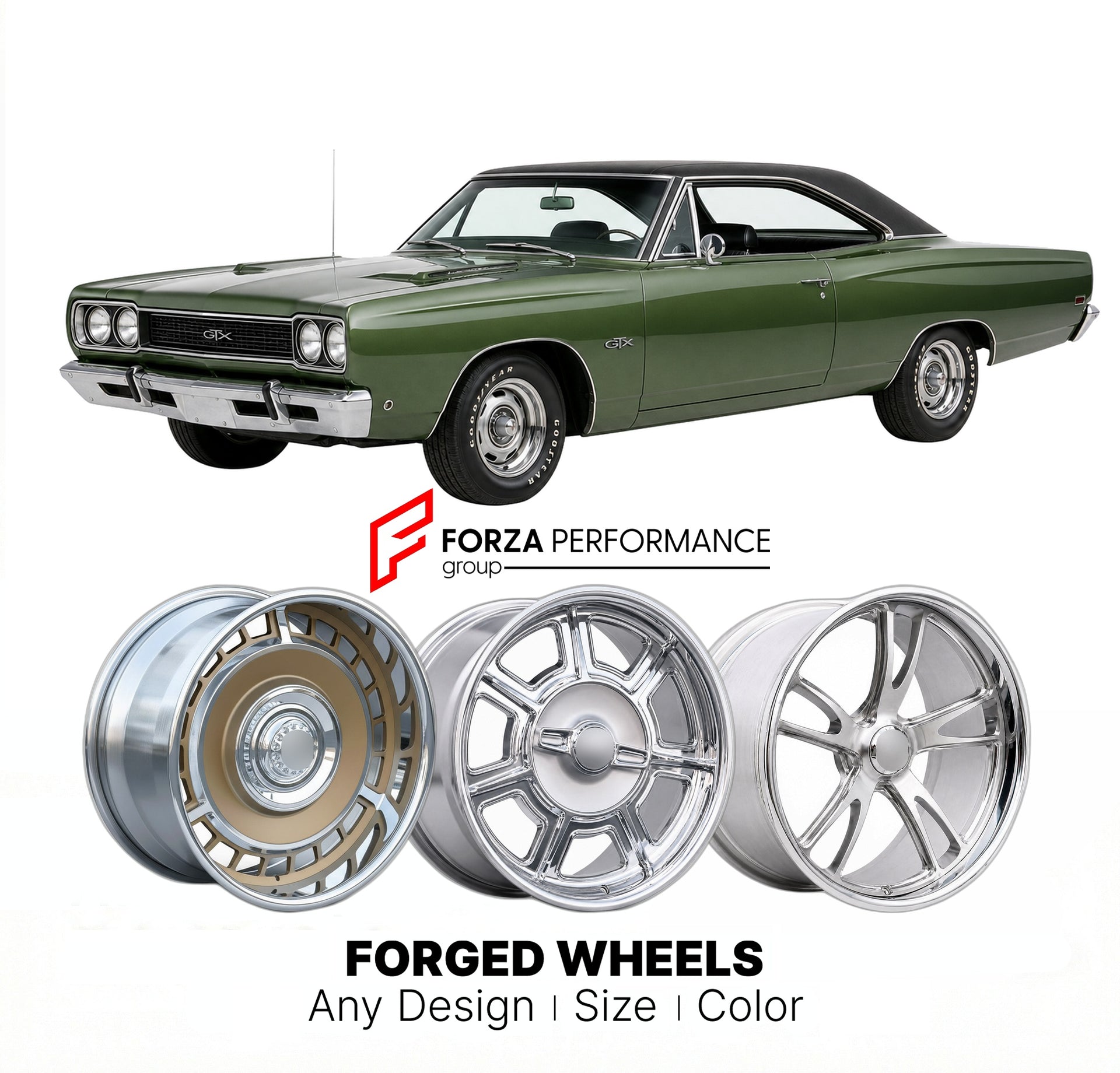 CUSTOM CLASSIC VINTAGE RESTOMOD RETRO OLD SCHOOL FORGED WHEELS RIMS for PLYMOUTH BELVEDERE GTX 1968 - 1970
Custom forged wheels for classic American muscle cars. Ideal for restomod builds, vintage restorations, and show cars. Deep dish and retro styling available.

We manufacture premium quality forged wheels rims for Plymouth Belvedere GTX 1968 - 1970 in any design, size, color.

THIS WHEEL DESIGN CAN BE CUSTOM-MADE FOR YOUR CAR IN ANY SIZE AND COLOR OPTIONS
Available in monoblock, 2-piece, 3-piece, duoblo