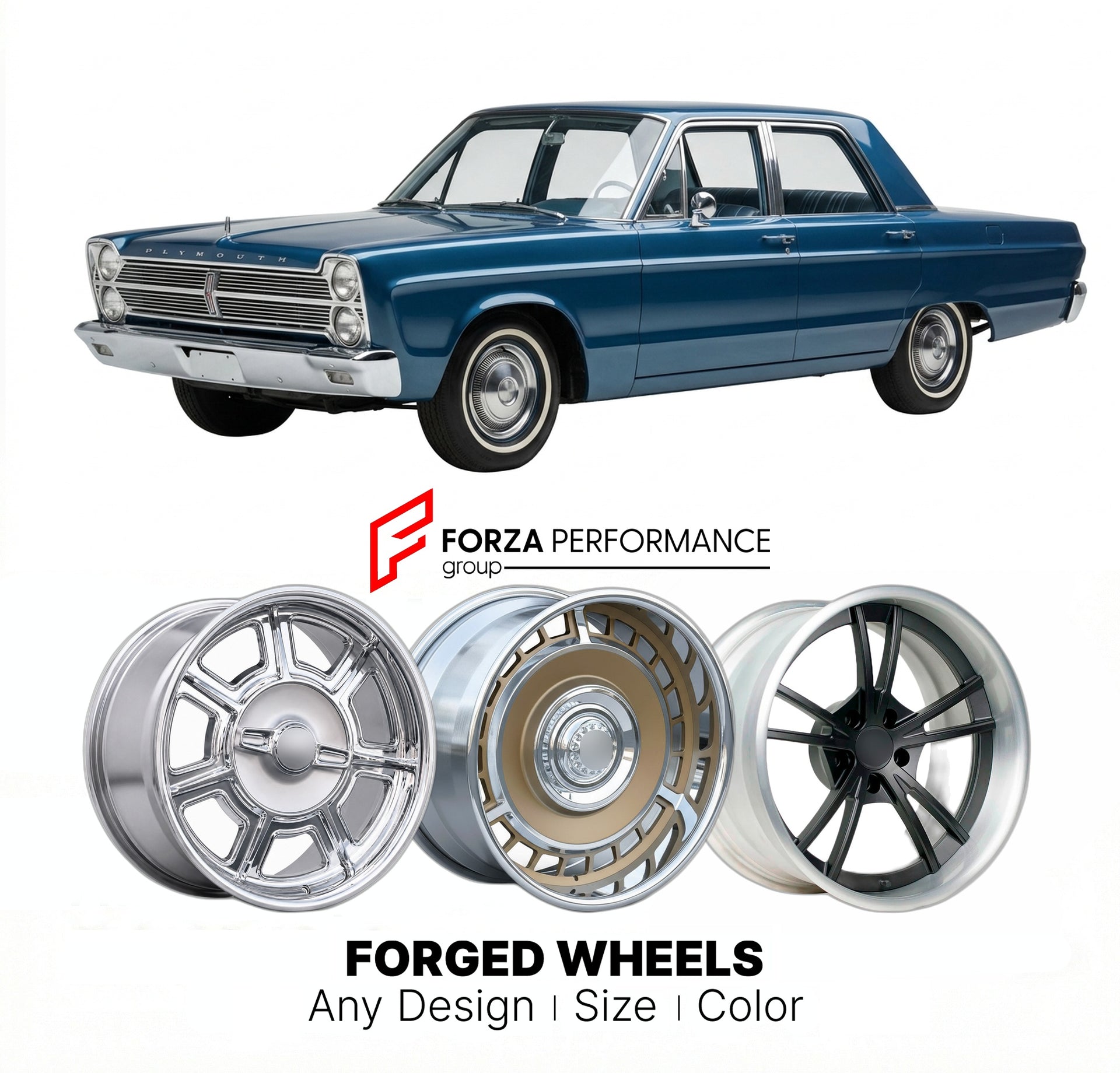 CUSTOM CLASSIC VINTAGE RESTOMOD RETRO OLD SCHOOL FORGED WHEELS RIMS for PLYMOUTH CARAVELLE 1965 - 1969
Custom forged wheels for classic American muscle cars. Ideal for restomod builds, vintage restorations, and show cars. Deep dish and retro styling available.

We manufacture premium quality forged wheels rims for Plymouth Caravelle 1965 - 1969 in any design, size, color.

THIS WHEEL DESIGN CAN BE CUSTOM-MADE FOR YOUR CAR IN ANY SIZE AND COLOR OPTIONS
Available in monoblock, 2-piece, 3-piece, duoblock, bead