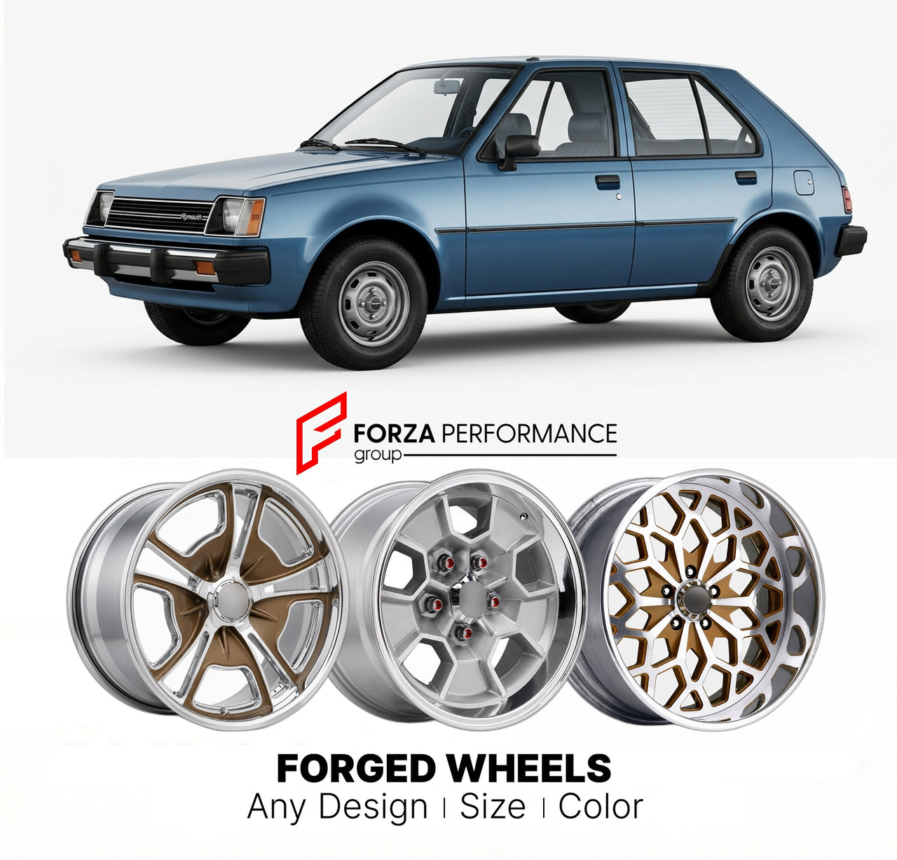 CUSTOM CLASSIC VINTAGE RESTOMOD RETRO OLD SCHOOL FORGED WHEELS RIMS for PLYMOUTH COLT 1983 - 1990
Custom forged wheels for classic American muscle cars. Ideal for restomod builds, vintage restorations, and show cars. Deep dish and retro styling available.

We manufacture premium quality forged wheels rims for Plymouth Colt 1983 - 1990 in any design, size, color.

THIS WHEEL DESIGN CAN BE CUSTOM-MADE FOR YOUR CAR IN ANY SIZE AND COLOR OPTIONS
Available in monoblock, 2-piece, 3-piece, duoblock, beadlock
3D wh