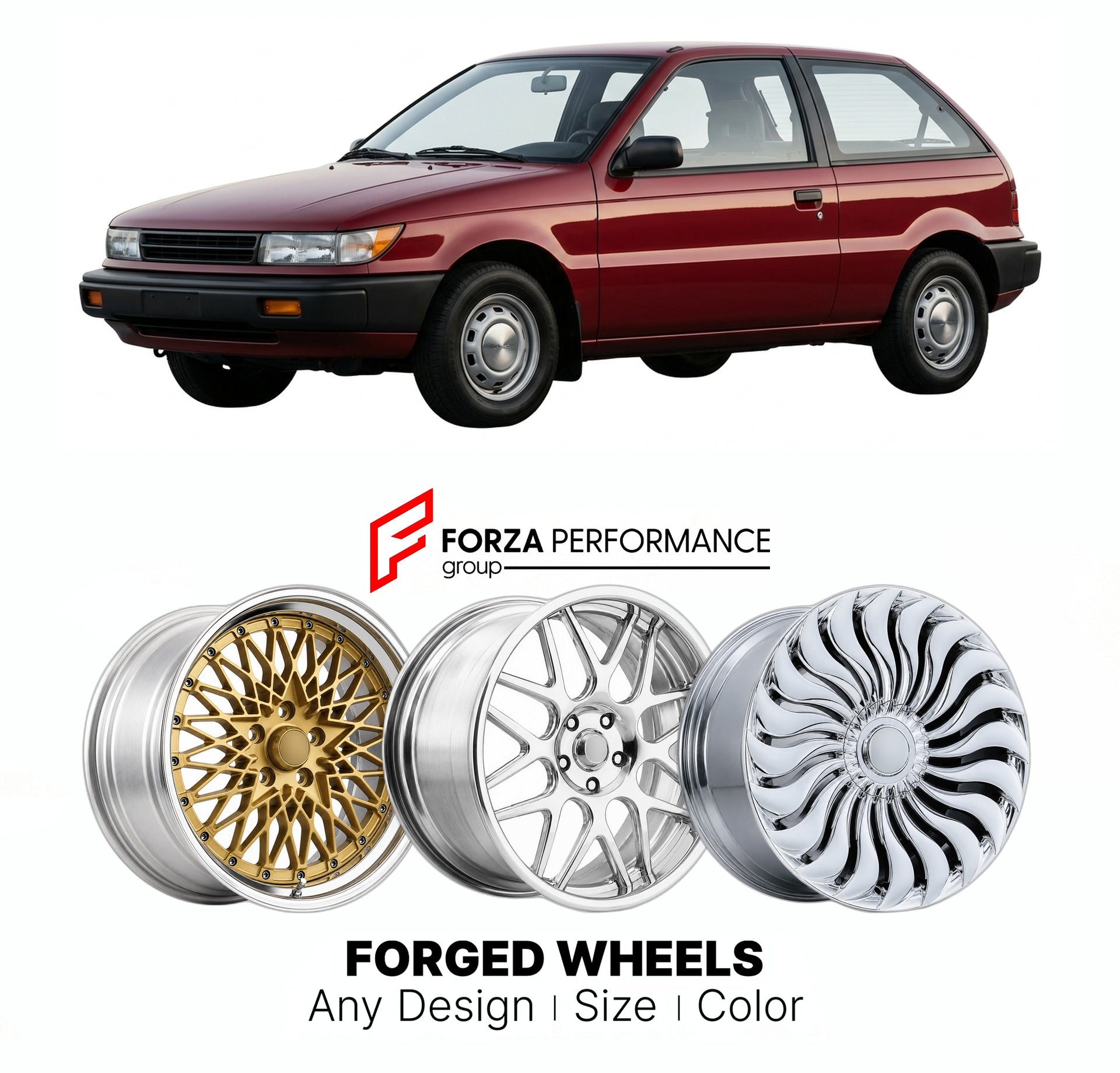FORGED WHEELS RIMS for PLYMOUTH COLT 1990 - 1994

Custom forged wheels for Plymouth Colt 1990 - 1994. Made-to-order monoblock, 2-piece and 3-piece rims in custom sizes, offsets, colors and finishes with guaranteed fitment.

We manufacture premium quality forged wheels rims for Plymouth Colt 1990 - 1994 in any design, size, color.

THIS WHEEL DESIGN CAN BE CUSTOM-MADE FOR YOUR CAR IN ANY SIZE AND COLOR OPTIONS
Available in monoblock, 2-piece, 3-piece, duoblock, beadlock
3D wheel renderings are provided accor