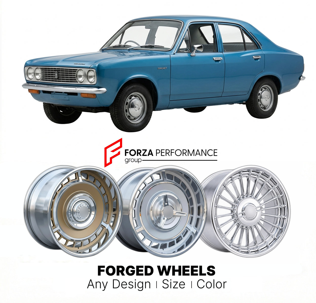 CUSTOM CLASSIC VINTAGE RESTOMOD RETRO OLD SCHOOL FORGED WHEELS RIMS for PLYMOUTH CRICKET 1971 - 1974
Custom forged wheels for classic American muscle cars. Ideal for restomod builds, vintage restorations, and show cars. Deep dish and retro styling available.

We manufacture premium quality forged wheels rims for Plymouth Cricket 1971 - 1974 in any design, size, color.

THIS WHEEL DESIGN CAN BE CUSTOM-MADE FOR YOUR CAR IN ANY SIZE AND COLOR OPTIONS
Available in monoblock, 2-piece, 3-piece, duoblock, beadlock