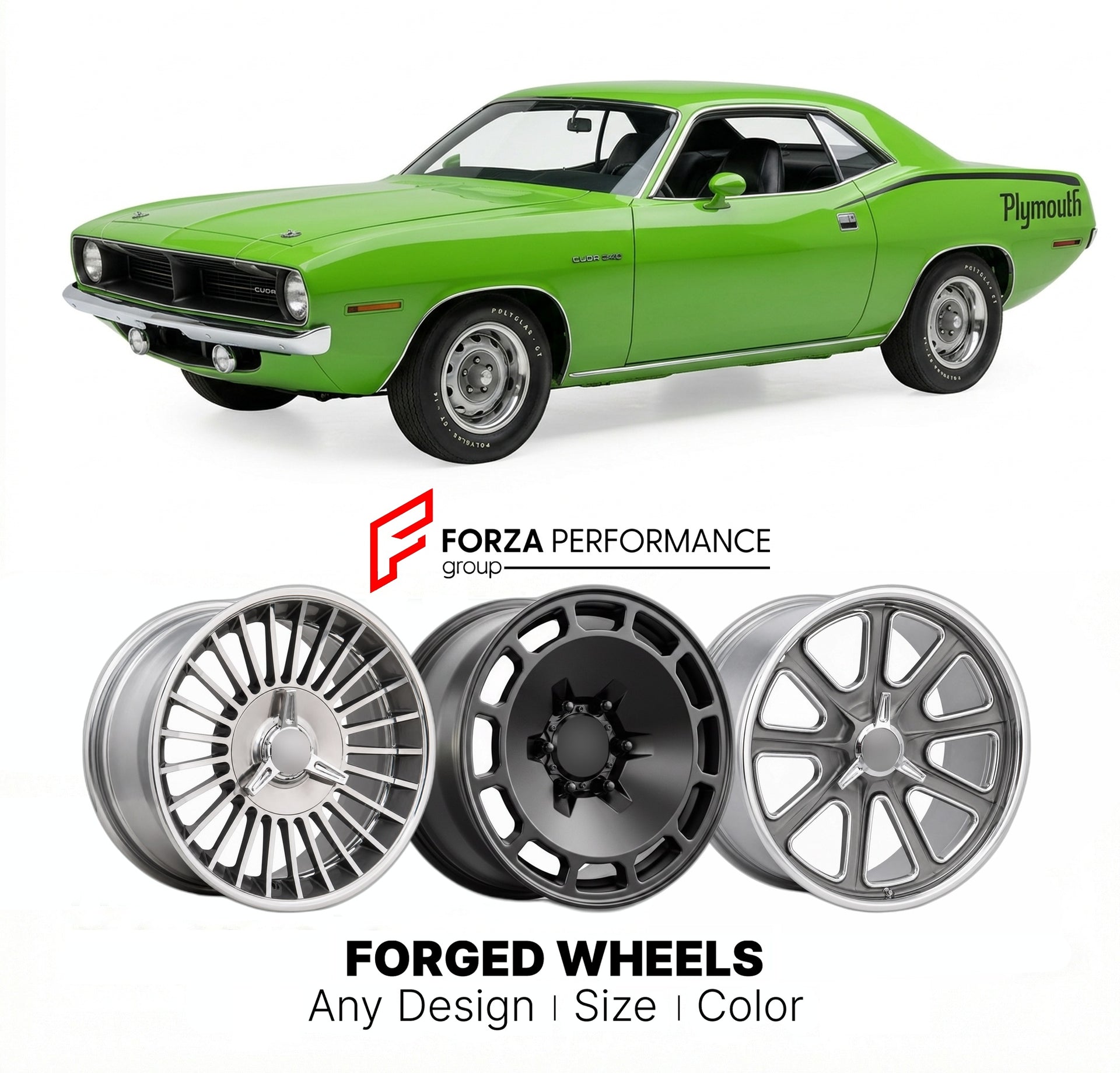 CUSTOM CLASSIC VINTAGE RESTOMOD RETRO OLD SCHOOL FORGED WHEELS RIMS for PLYMOUTH CUDA 1970 - 1974
Custom forged wheels for classic American muscle cars. Ideal for restomod builds, vintage restorations, and show cars. Deep dish and retro styling available.

We manufacture premium quality forged wheels rims for Plymouth Cuda 1970 - 1974 in any design, size, color.

THIS WHEEL DESIGN CAN BE CUSTOM-MADE FOR YOUR CAR IN ANY SIZE AND COLOR OPTIONS
Available in monoblock, 2-piece, 3-piece, duoblock, beadlock
3D wh