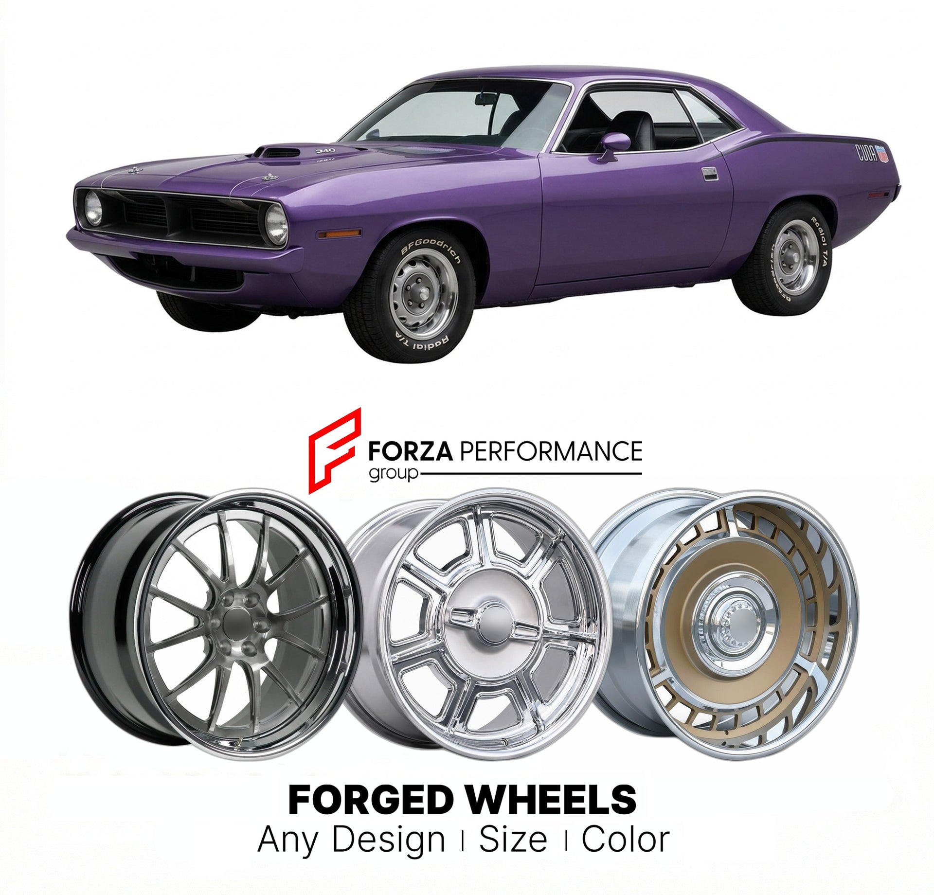 CUSTOM CLASSIC VINTAGE RESTOMOD RETRO OLD SCHOOL FORGED WHEELS RIMS for PLYMOUTH CUDA 340 1970 - 1974
Custom forged wheels for classic American muscle cars. Ideal for restomod builds, vintage restorations, and show cars. Deep dish and retro styling available.

We manufacture premium quality forged wheels rims for Plymouth Cuda 340 1970 - 1974 in any design, size, color.

THIS WHEEL DESIGN CAN BE CUSTOM-MADE FOR YOUR CAR IN ANY SIZE AND COLOR OPTIONS
Available in monoblock, 2-piece, 3-piece, duoblock, beadlo