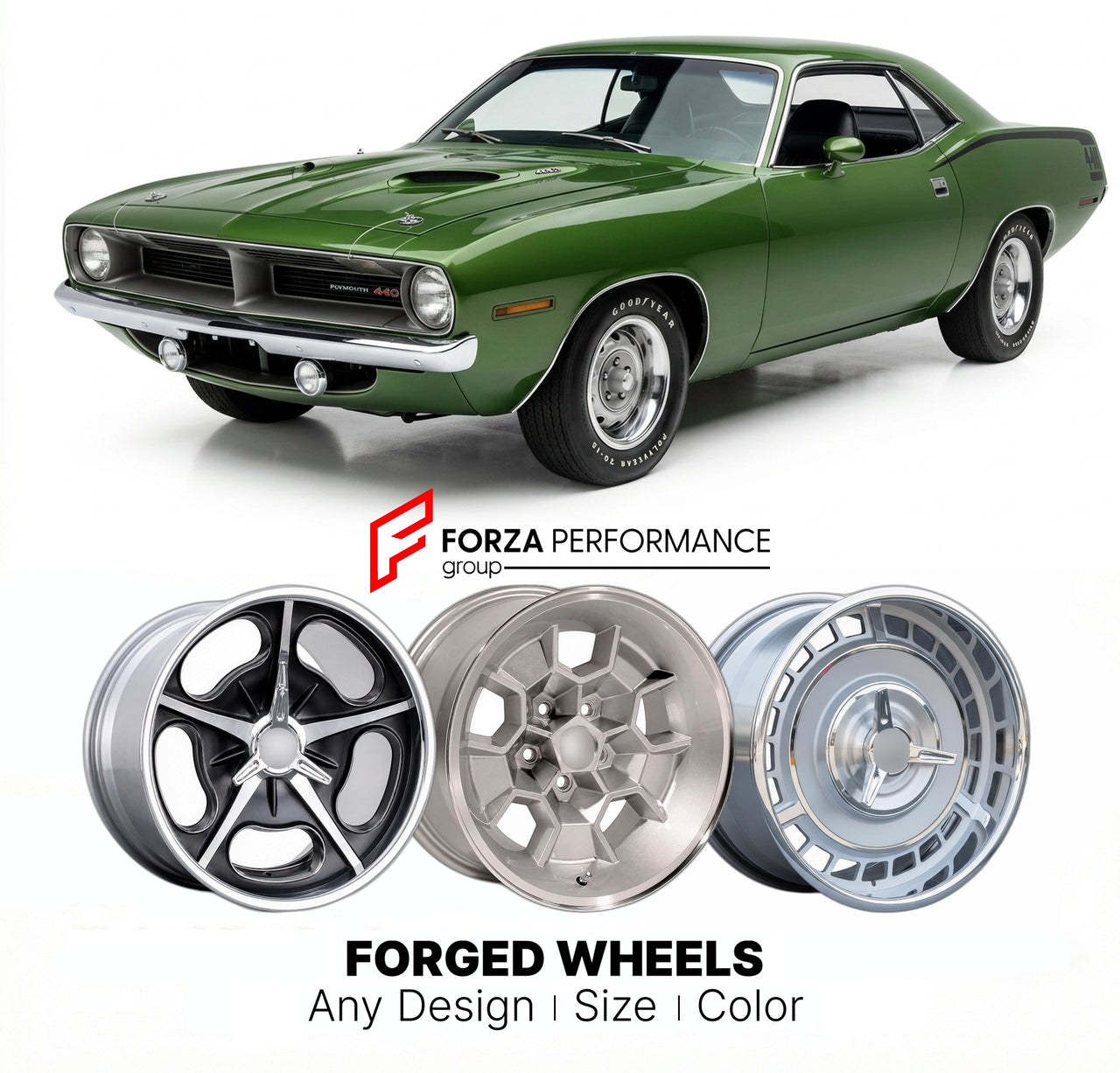 CUSTOM CLASSIC VINTAGE RESTOMOD RETRO OLD SCHOOL FORGED WHEELS RIMS for PLYMOUTH CUDA 440 1970 - 1971
Custom forged wheels for classic American muscle cars. Ideal for restomod builds, vintage restorations, and show cars. Deep dish and retro styling available.

We manufacture premium quality forged wheels rims for Plymouth Cuda 440 1970 - 1971 in any design, size, color.

THIS WHEEL DESIGN CAN BE CUSTOM-MADE FOR YOUR CAR IN ANY SIZE AND COLOR OPTIONS
Available in monoblock, 2-piece, 3-piece, duoblock, beadlo