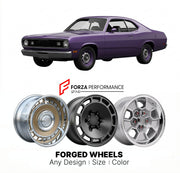 CUSTOM CLASSIC VINTAGE RESTOMOD RETRO OLD SCHOOL FORGED WHEELS RIMS for PLYMOUTH DUSTER 1970 - 1973
Custom forged wheels for classic American muscle cars. Ideal for restomod builds, vintage restorations, and show cars. Deep dish and retro styling available.

We manufacture premium quality forged wheels rims for Plymouth Duster 1970 - 1973 in any design, size, color.

THIS WHEEL DESIGN CAN BE CUSTOM-MADE FOR YOUR CAR IN ANY SIZE AND COLOR OPTIONS
Available in monoblock, 2-piece, 3-piece, duoblock, beadlock
3