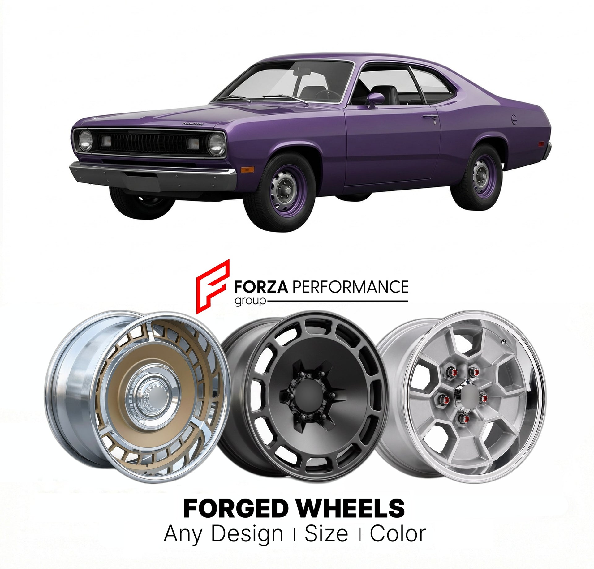 CUSTOM CLASSIC VINTAGE RESTOMOD RETRO OLD SCHOOL FORGED WHEELS RIMS for PLYMOUTH DUSTER 1970 - 1973
Custom forged wheels for classic American muscle cars. Ideal for restomod builds, vintage restorations, and show cars. Deep dish and retro styling available.

We manufacture premium quality forged wheels rims for Plymouth Duster 1970 - 1973 in any design, size, color.

THIS WHEEL DESIGN CAN BE CUSTOM-MADE FOR YOUR CAR IN ANY SIZE AND COLOR OPTIONS
Available in monoblock, 2-piece, 3-piece, duoblock, beadlock
3