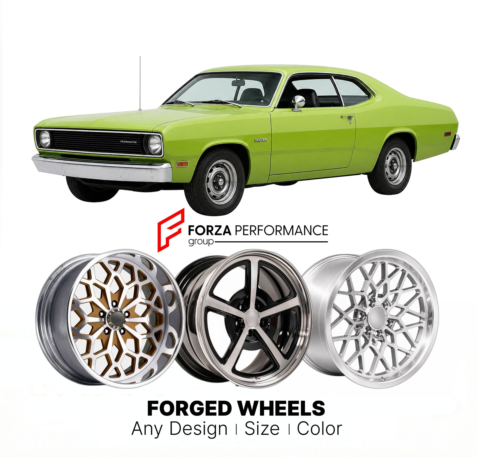 CUSTOM CLASSIC VINTAGE RESTOMOD RETRO OLD SCHOOL FORGED WHEELS RIMS for PLYMOUTH DUSTER 1974 - 1976
Custom forged wheels for classic American muscle cars. Ideal for restomod builds, vintage restorations, and show cars. Deep dish and retro styling available.

We manufacture premium quality forged wheels rims for Plymouth Duster 1974 - 1976 in any design, size, color.

THIS WHEEL DESIGN CAN BE CUSTOM-MADE FOR YOUR CAR IN ANY SIZE AND COLOR OPTIONS
Available in monoblock, 2-piece, 3-piece, duoblock, beadlock
3