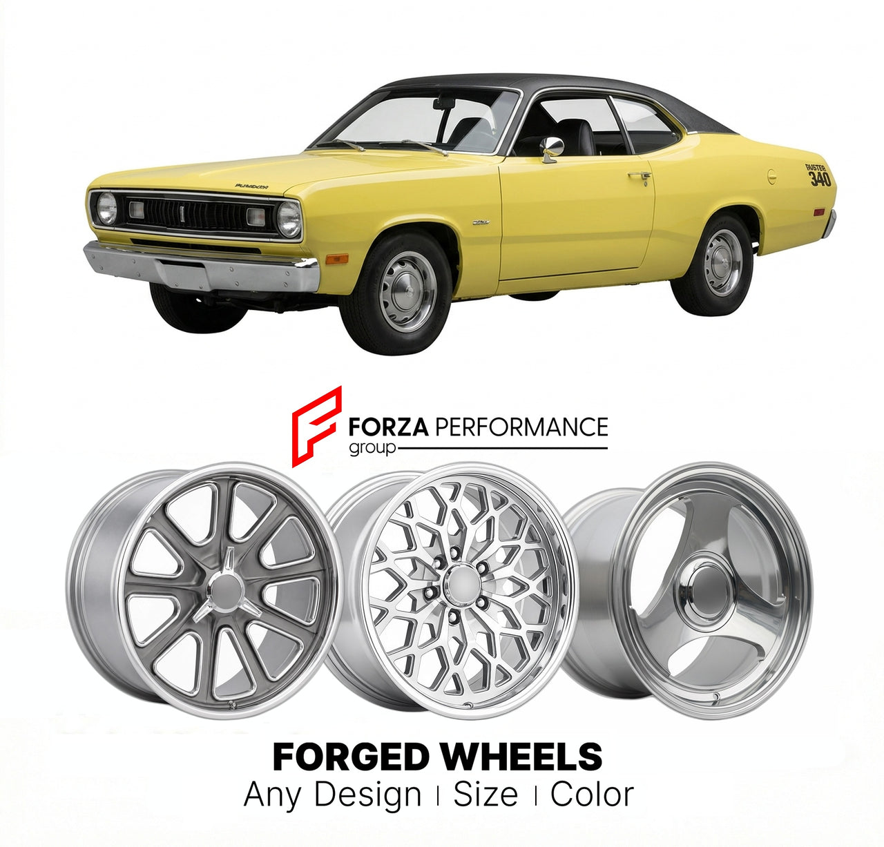 CUSTOM CLASSIC VINTAGE RESTOMOD RETRO OLD SCHOOL FORGED WHEELS RIMS for PLYMOUTH DUSTER 340 1970 - 1972
Custom forged wheels for classic American muscle cars. Ideal for restomod builds, vintage restorations, and show cars. Deep dish and retro styling available.

We manufacture premium quality forged wheels rims for Plymouth Duster 340 1970 - 1972 in any design, size, color.

THIS WHEEL DESIGN CAN BE CUSTOM-MADE FOR YOUR CAR IN ANY SIZE AND COLOR OPTIONS
Available in monoblock, 2-piece, 3-piece, duoblock, be