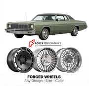 CUSTOM CLASSIC VINTAGE RESTOMOD RETRO OLD SCHOOL FORGED WHEELS RIMS for PLYMOUTH FURY 1974 - 1978
Custom forged wheels for classic American muscle cars. Ideal for restomod builds, vintage restorations, and show cars. Deep dish and retro styling available.

We manufacture premium quality forged wheels rims for Plymouth Fury 1974 - 1978 in any design, size, color.

THIS WHEEL DESIGN CAN BE CUSTOM-MADE FOR YOUR CAR IN ANY SIZE AND COLOR OPTIONS
Available in monoblock, 2-piece, 3-piece, duoblock, beadlock
3D wh