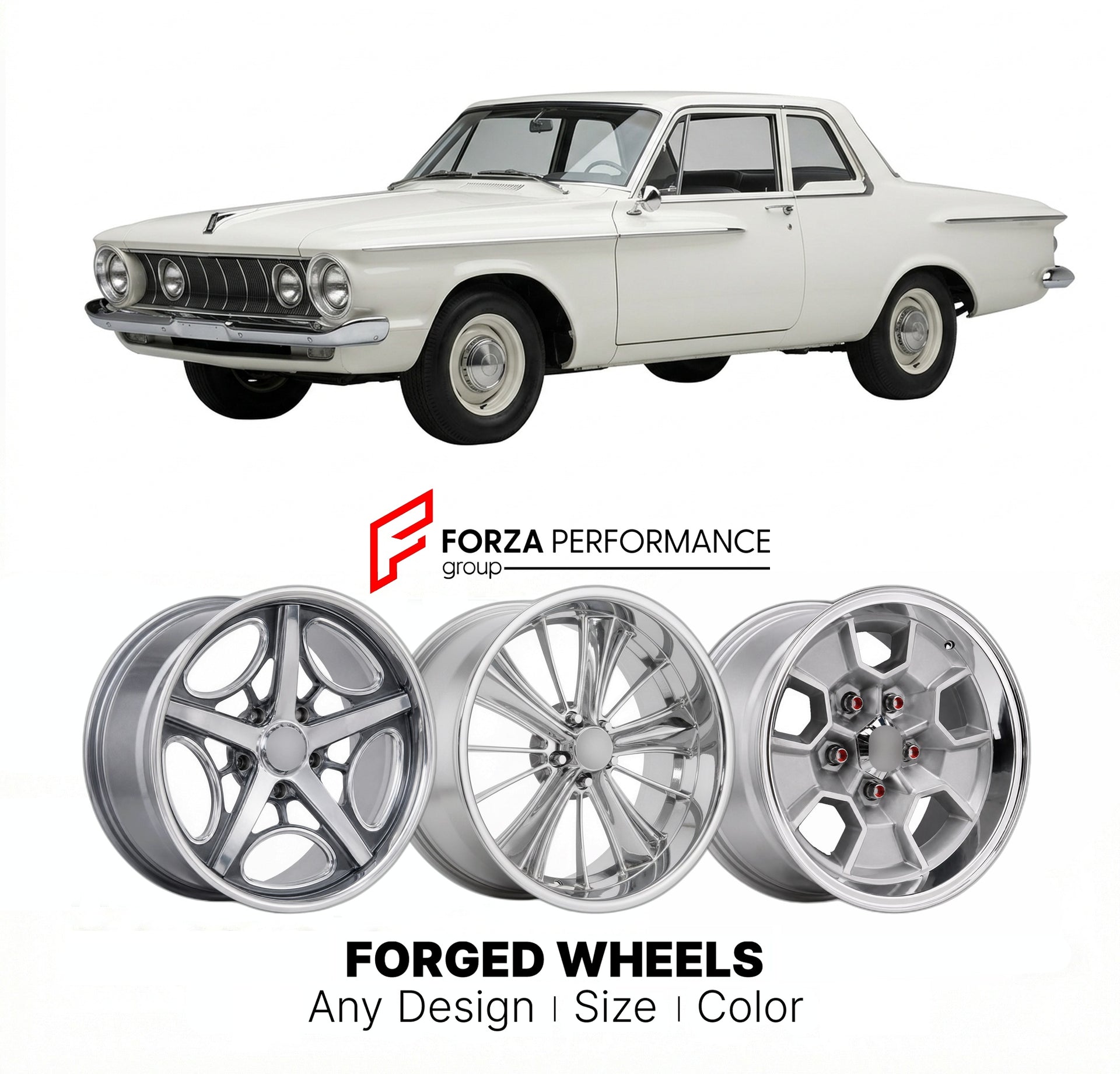 CUSTOM CLASSIC VINTAGE RESTOMOD RETRO OLD SCHOOL FORGED WHEELS RIMS for PLYMOUTH FURY 426 STREET WEDGE 1962 - 1964
Custom forged wheels for classic American muscle cars. Ideal for restomod builds, vintage restorations, and show cars. Deep dish and retro styling available.

We manufacture premium quality forged wheels rims for Plymouth Fury 426 Street Wedge 1962 - 1964 in any design, size, color.

THIS WHEEL DESIGN CAN BE CUSTOM-MADE FOR YOUR CAR IN ANY SIZE AND COLOR OPTIONS
Available in monoblock, 2-piece,