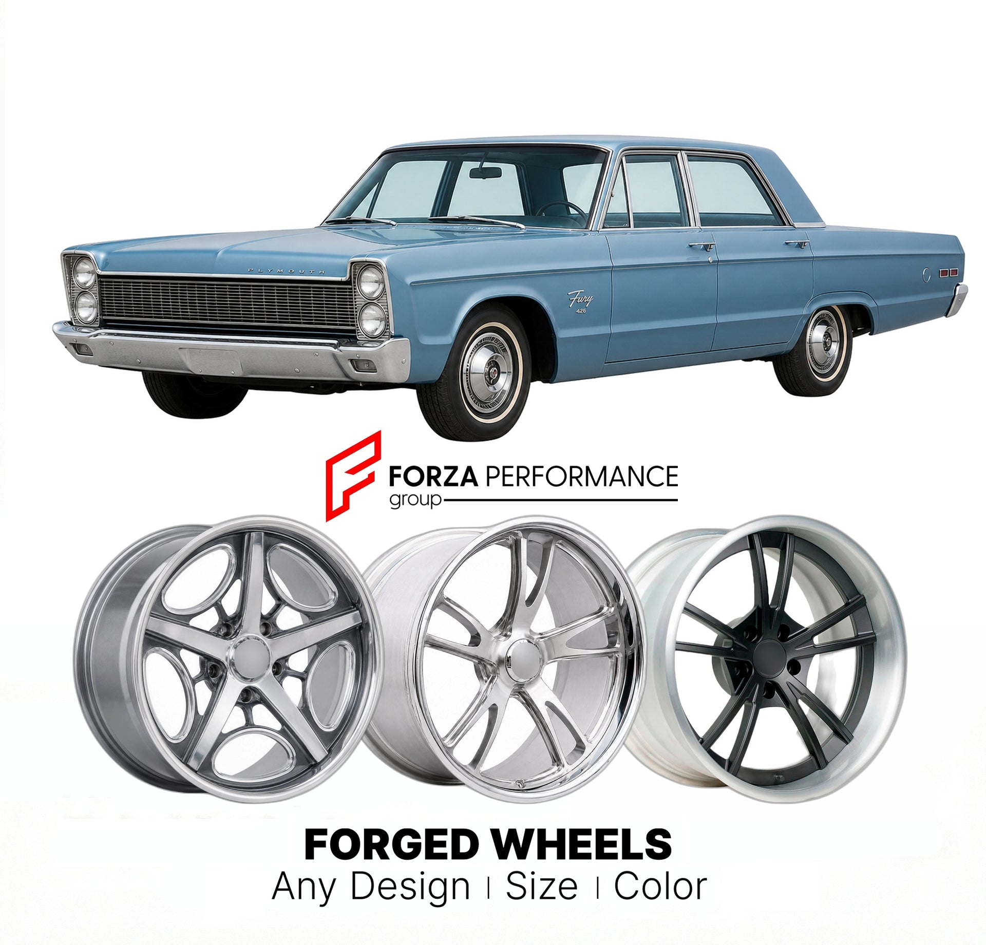 CUSTOM CLASSIC VINTAGE RESTOMOD RETRO OLD SCHOOL FORGED WHEELS RIMS for PLYMOUTH FURY 426 STREET WEDGE 1965 - 1965
Custom forged wheels for classic American muscle cars. Ideal for restomod builds, vintage restorations, and show cars. Deep dish and retro styling available.

We manufacture premium quality forged wheels rims for Plymouth Fury 426 Street Wedge 1965 - 1965 in any design, size, color.

THIS WHEEL DESIGN CAN BE CUSTOM-MADE FOR YOUR CAR IN ANY SIZE AND COLOR OPTIONS
Available in monoblock, 2-piece,