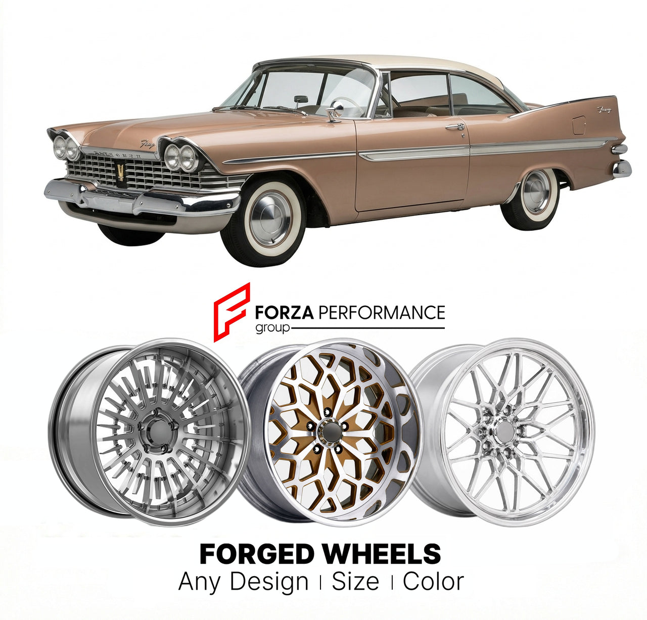 CUSTOM CLASSIC VINTAGE RESTOMOD RETRO OLD SCHOOL FORGED WHEELS RIMS for PLYMOUTH FURY SPORT 1959 - 1961
Custom forged wheels for classic American muscle cars. Ideal for restomod builds, vintage restorations, and show cars. Deep dish and retro styling available.

We manufacture premium quality forged wheels rims for Plymouth Fury Sport 1959 - 1961 in any design, size, color.

THIS WHEEL DESIGN CAN BE CUSTOM-MADE FOR YOUR CAR IN ANY SIZE AND COLOR OPTIONS
Available in monoblock, 2-piece, 3-piece, duoblock, be