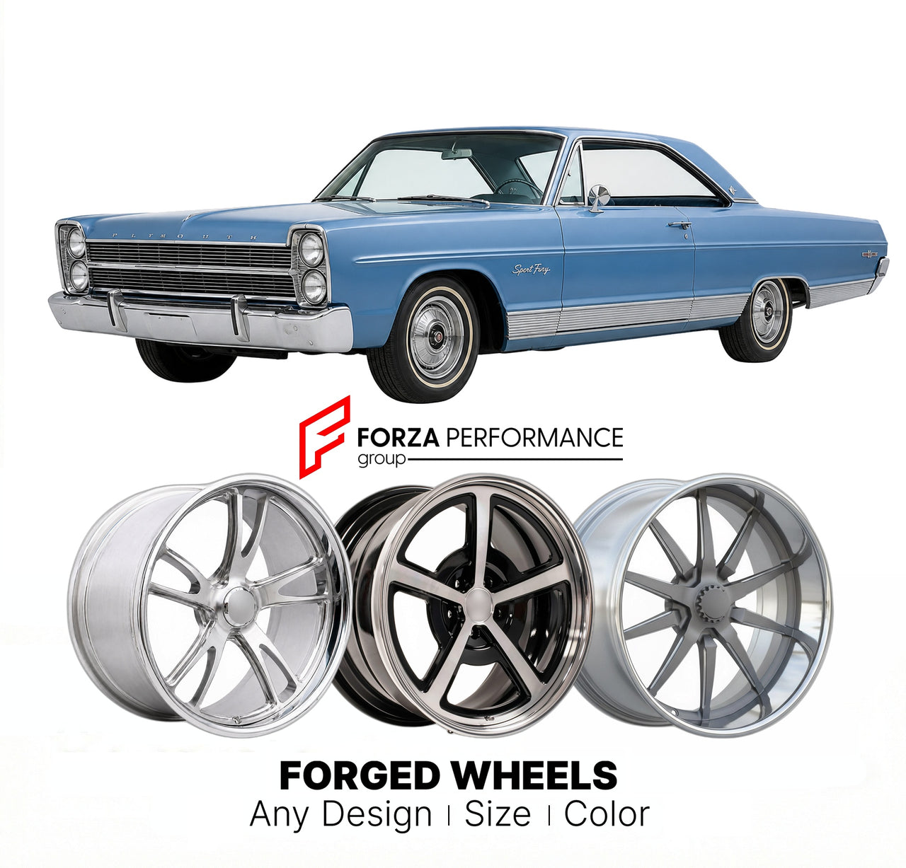 CUSTOM CLASSIC VINTAGE RESTOMOD RETRO OLD SCHOOL FORGED WHEELS RIMS for PLYMOUTH FURY SPORT 1965 - 1967
Custom forged wheels for classic American muscle cars. Ideal for restomod builds, vintage restorations, and show cars. Deep dish and retro styling available.

We manufacture premium quality forged wheels rims for Plymouth Fury Sport 1965 - 1967 in any design, size, color.

THIS WHEEL DESIGN CAN BE CUSTOM-MADE FOR YOUR CAR IN ANY SIZE AND COLOR OPTIONS
Available in monoblock, 2-piece, 3-piece, duoblock, be