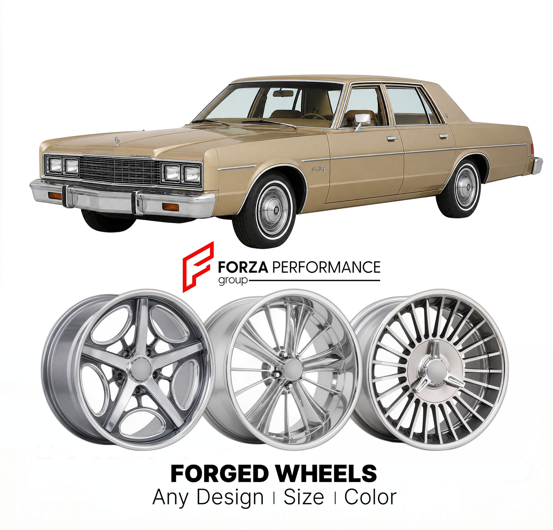 CUSTOM CLASSIC VINTAGE RESTOMOD RETRO OLD SCHOOL FORGED WHEELS RIMS for PLYMOUTH GRAN FURY 1979 - 1981
Custom forged wheels for classic American muscle cars. Ideal for restomod builds, vintage restorations, and show cars. Deep dish and retro styling available.

We manufacture premium quality forged wheels rims for Plymouth Gran Fury 1979 - 1981 in any design, size, color.

THIS WHEEL DESIGN CAN BE CUSTOM-MADE FOR YOUR CAR IN ANY SIZE AND COLOR OPTIONS
Available in monoblock, 2-piece, 3-piece, duoblock, bead
