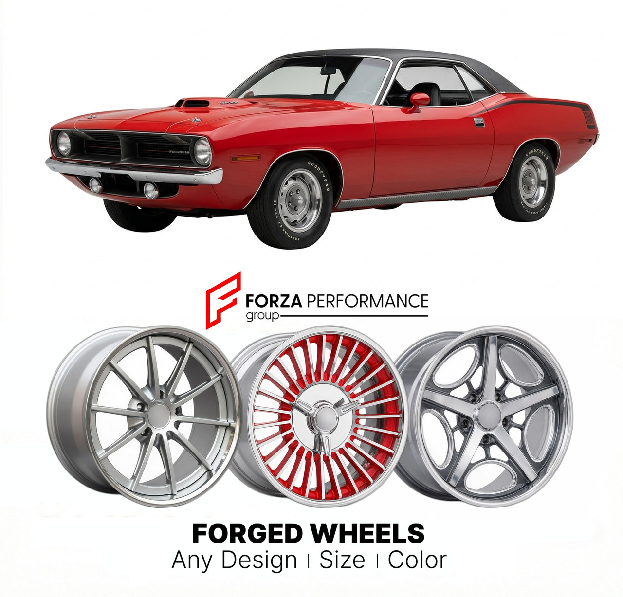 CUSTOM CLASSIC VINTAGE RESTOMOD RETRO OLD SCHOOL FORGED WHEELS RIMS for PLYMOUTH HEMI CUDA 1970 - 1971
Custom forged wheels for classic American muscle cars. Ideal for restomod builds, vintage restorations, and show cars. Deep dish and retro styling available.

We manufacture premium quality forged wheels rims for Plymouth Hemi Cuda 1970 - 1971 in any design, size, color.

THIS WHEEL DESIGN CAN BE CUSTOM-MADE FOR YOUR CAR IN ANY SIZE AND COLOR OPTIONS
Available in monoblock, 2-piece, 3-piece, duoblock, bead