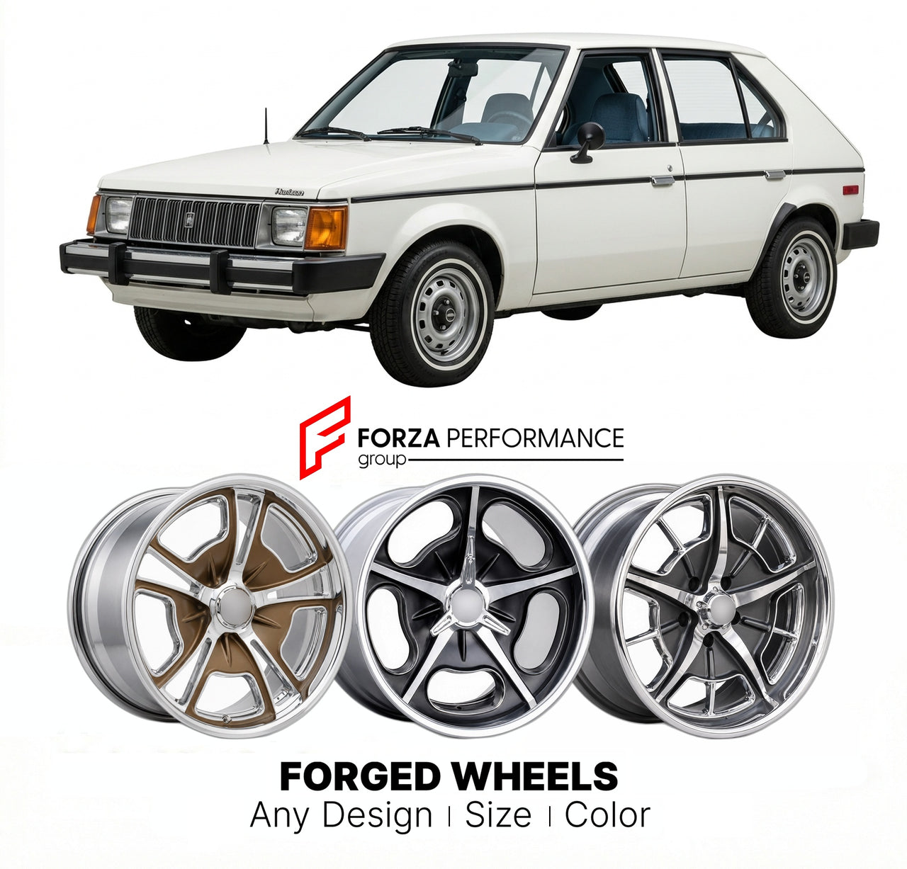 CUSTOM CLASSIC VINTAGE RESTOMOD RETRO OLD SCHOOL FORGED WHEELS RIMS for PLYMOUTH HORIZON 1978 - 1990
Custom forged wheels for classic American muscle cars. Ideal for restomod builds, vintage restorations, and show cars. Deep dish and retro styling available.

We manufacture premium quality forged wheels rims for Plymouth Horizon 1978 - 1990 in any design, size, color.

THIS WHEEL DESIGN CAN BE CUSTOM-MADE FOR YOUR CAR IN ANY SIZE AND COLOR OPTIONS
Available in monoblock, 2-piece, 3-piece, duoblock, beadlock