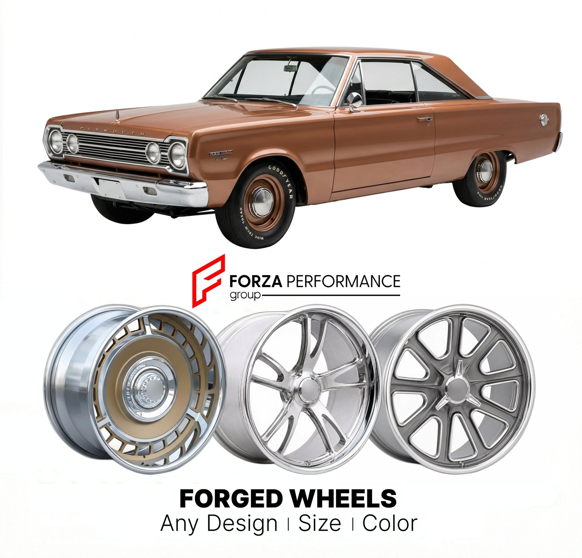 CUSTOM CLASSIC VINTAGE RESTOMOD RETRO OLD SCHOOL FORGED WHEELS RIMS for PLYMOUTH INTERMEDIATES 426 HEMI 1966 - 1971
Custom forged wheels for classic American muscle cars. Ideal for restomod builds, vintage restorations, and show cars. Deep dish and retro styling available.

We manufacture premium quality forged wheels rims for Plymouth Intermediates 426 Hemi 1966 - 1971 in any design, size, color.

THIS WHEEL DESIGN CAN BE CUSTOM-MADE FOR YOUR CAR IN ANY SIZE AND COLOR OPTIONS
Available in monoblock, 2-piec
