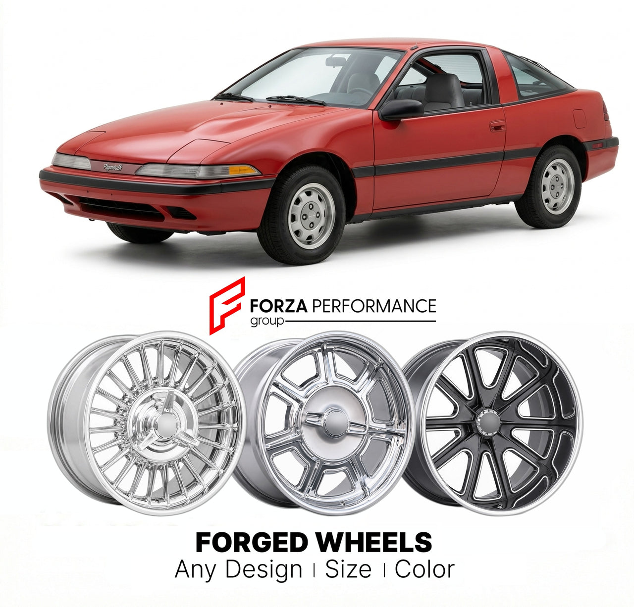 CUSTOM CLASSIC VINTAGE RESTOMOD RETRO OLD SCHOOL FORGED WHEELS RIMS for PLYMOUTH LASER 1981 - 1983
Custom forged wheels for classic American muscle cars. Ideal for restomod builds, vintage restorations, and show cars. Deep dish and retro styling available.

We manufacture premium quality forged wheels rims for Plymouth Laser 1981 - 1983 in any design, size, color.

THIS WHEEL DESIGN CAN BE CUSTOM-MADE FOR YOUR CAR IN ANY SIZE AND COLOR OPTIONS
Available in monoblock, 2-piece, 3-piece, duoblock, beadlock
3D 