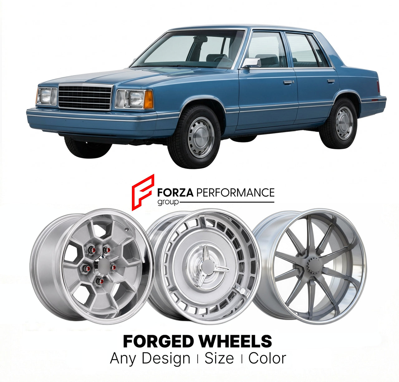 CUSTOM CLASSIC VINTAGE RESTOMOD RETRO OLD SCHOOL FORGED WHEELS RIMS for PLYMOUTH RELIANT 1981 - 1989
Custom forged wheels for classic American muscle cars. Ideal for restomod builds, vintage restorations, and show cars. Deep dish and retro styling available.

We manufacture premium quality forged wheels rims for Plymouth Reliant 1981 - 1989 in any design, size, color.

THIS WHEEL DESIGN CAN BE CUSTOM-MADE FOR YOUR CAR IN ANY SIZE AND COLOR OPTIONS
Available in monoblock, 2-piece, 3-piece, duoblock, beadlock