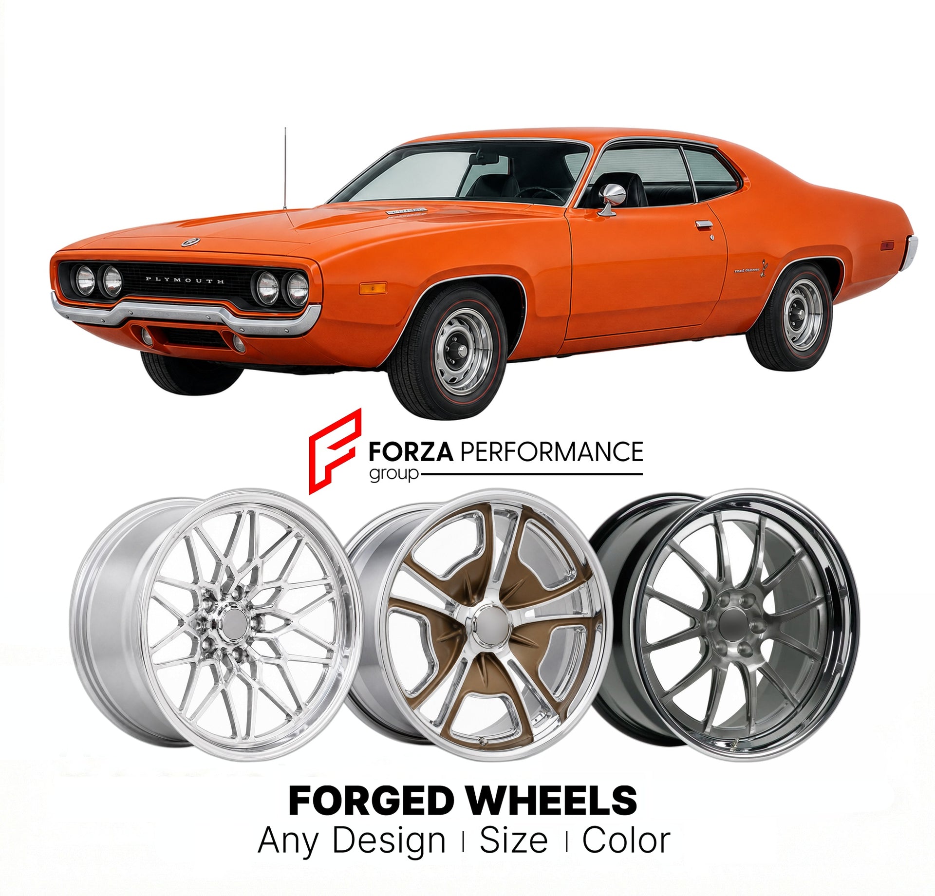 CUSTOM CLASSIC VINTAGE RESTOMOD RETRO OLD SCHOOL FORGED WHEELS RIMS for PLYMOUTH ROAD RUNNER 1971 - 1974
Custom forged wheels for classic American muscle cars. Ideal for restomod builds, vintage restorations, and show cars. Deep dish and retro styling available.

We manufacture premium quality forged wheels rims for Plymouth Road Runner 1971 - 1974 in any design, size, color.

THIS WHEEL DESIGN CAN BE CUSTOM-MADE FOR YOUR CAR IN ANY SIZE AND COLOR OPTIONS
Available in monoblock, 2-piece, 3-piece, duoblock, 