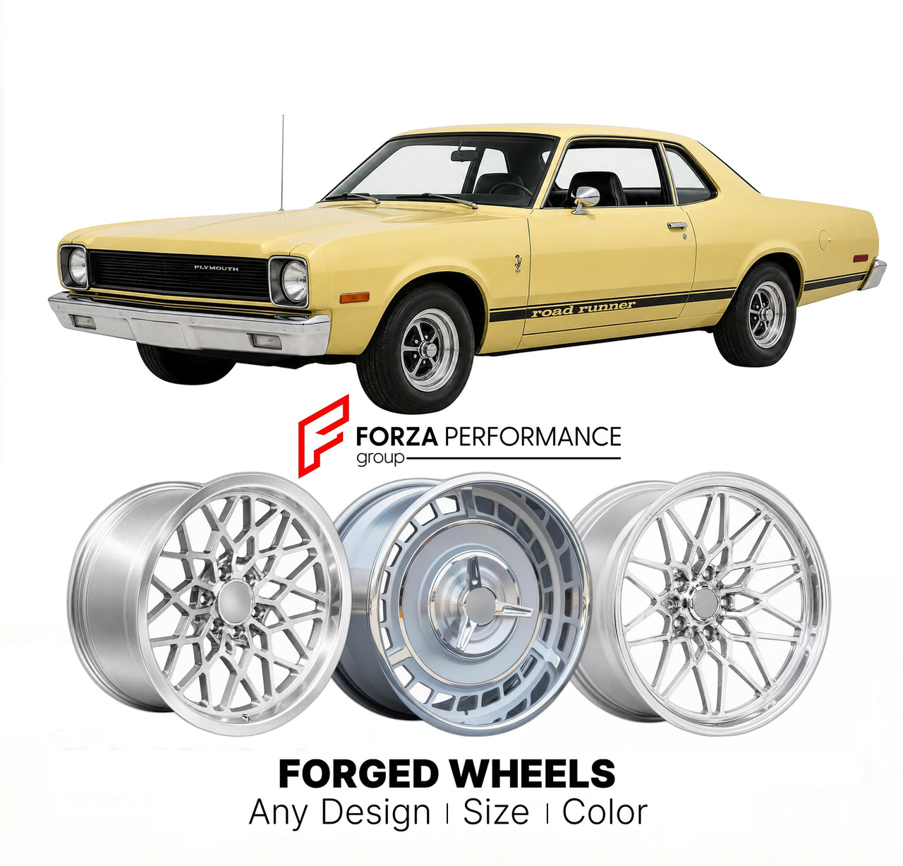 CUSTOM CLASSIC VINTAGE RESTOMOD RETRO OLD SCHOOL FORGED WHEELS RIMS for PLYMOUTH ROAD RUNNER 1975 - 1980
Custom forged wheels for classic American muscle cars. Ideal for restomod builds, vintage restorations, and show cars. Deep dish and retro styling available.

We manufacture premium quality forged wheels rims for Plymouth Road Runner 1975 - 1980 in any design, size, color.

THIS WHEEL DESIGN CAN BE CUSTOM-MADE FOR YOUR CAR IN ANY SIZE AND COLOR OPTIONS
Available in monoblock, 2-piece, 3-piece, duoblock, 