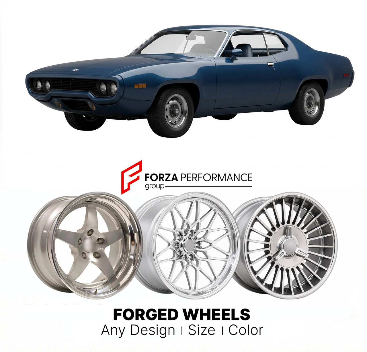 CUSTOM CLASSIC VINTAGE RESTOMOD RETRO OLD SCHOOL FORGED WHEELS RIMS for PLYMOUTH ROAD RUNNER 440 1972 - 1974
Custom forged wheels for classic American muscle cars. Ideal for restomod builds, vintage restorations, and show cars. Deep dish and retro styling available.

We manufacture premium quality forged wheels rims for Plymouth Road Runner 440 1972 - 1974 in any design, size, color.

THIS WHEEL DESIGN CAN BE CUSTOM-MADE FOR YOUR CAR IN ANY SIZE AND COLOR OPTIONS
Available in monoblock, 2-piece, 3-piece, du