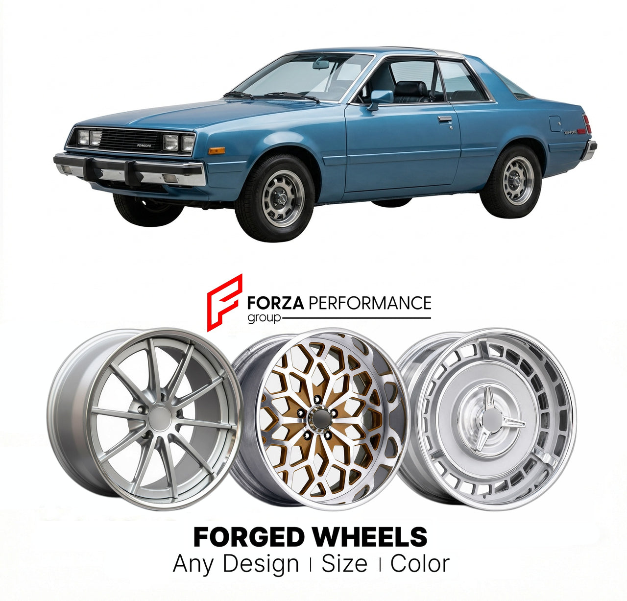 CUSTOM CLASSIC VINTAGE RESTOMOD RETRO OLD SCHOOL FORGED WHEELS RIMS for PLYMOUTH SAPPORO 1978 - 1983
Custom forged wheels for classic American muscle cars. Ideal for restomod builds, vintage restorations, and show cars. Deep dish and retro styling available.

We manufacture premium quality forged wheels rims for Plymouth Sapporo 1978 - 1983 in any design, size, color.

THIS WHEEL DESIGN CAN BE CUSTOM-MADE FOR YOUR CAR IN ANY SIZE AND COLOR OPTIONS
Available in monoblock, 2-piece, 3-piece, duoblock, beadlock
