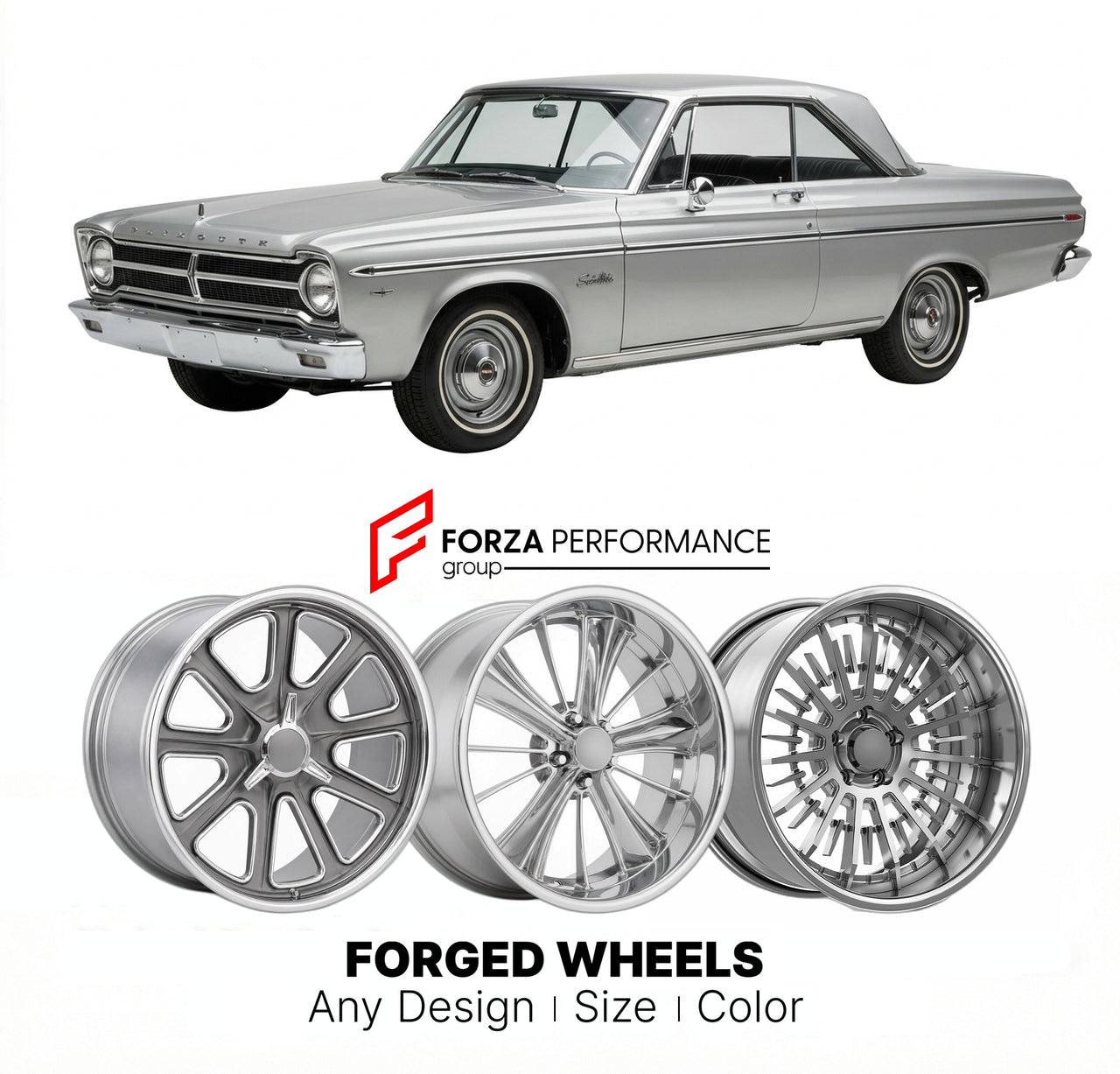 CUSTOM CLASSIC VINTAGE RESTOMOD RETRO OLD SCHOOL FORGED WHEELS RIMS for PLYMOUTH SATELLITE 1965 - 1967
Custom forged wheels for classic American muscle cars. Ideal for restomod builds, vintage restorations, and show cars. Deep dish and retro styling available.

We manufacture premium quality forged wheels rims for Plymouth Satellite 1965 - 1967 in any design, size, color.

THIS WHEEL DESIGN CAN BE CUSTOM-MADE FOR YOUR CAR IN ANY SIZE AND COLOR OPTIONS
Available in monoblock, 2-piece, 3-piece, duoblock, bead