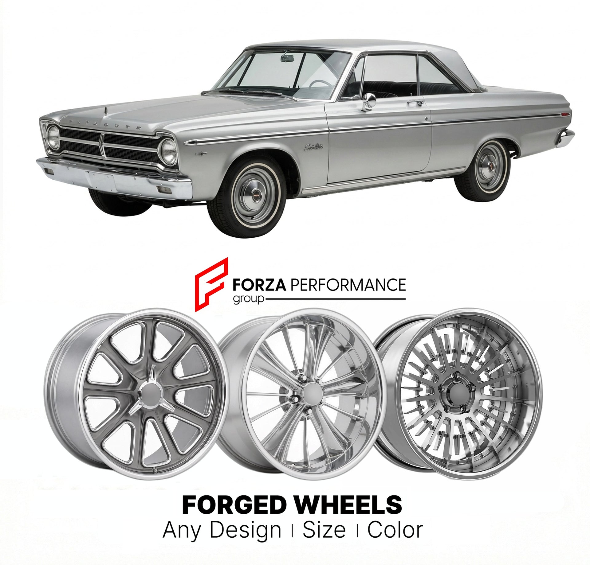CUSTOM CLASSIC VINTAGE RESTOMOD RETRO OLD SCHOOL FORGED WHEELS RIMS for PLYMOUTH SATELLITE 1965 - 1967
Custom forged wheels for classic American muscle cars. Ideal for restomod builds, vintage restorations, and show cars. Deep dish and retro styling available.

We manufacture premium quality forged wheels rims for Plymouth Satellite 1965 - 1967 in any design, size, color.

THIS WHEEL DESIGN CAN BE CUSTOM-MADE FOR YOUR CAR IN ANY SIZE AND COLOR OPTIONS
Available in monoblock, 2-piece, 3-piece, duoblock, bead