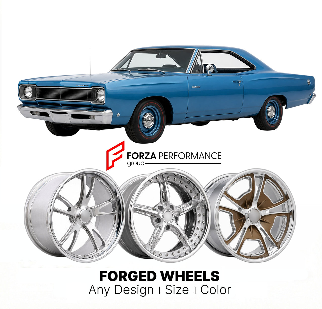 CUSTOM CLASSIC VINTAGE RESTOMOD RETRO OLD SCHOOL FORGED WHEELS RIMS for PLYMOUTH SATELLITE 1968 - 1970
Custom forged wheels for classic American muscle cars. Ideal for restomod builds, vintage restorations, and show cars. Deep dish and retro styling available.

We manufacture premium quality forged wheels rims for Plymouth Satellite 1968 - 1970 in any design, size, color.

THIS WHEEL DESIGN CAN BE CUSTOM-MADE FOR YOUR CAR IN ANY SIZE AND COLOR OPTIONS
Available in monoblock, 2-piece, 3-piece, duoblock, bead