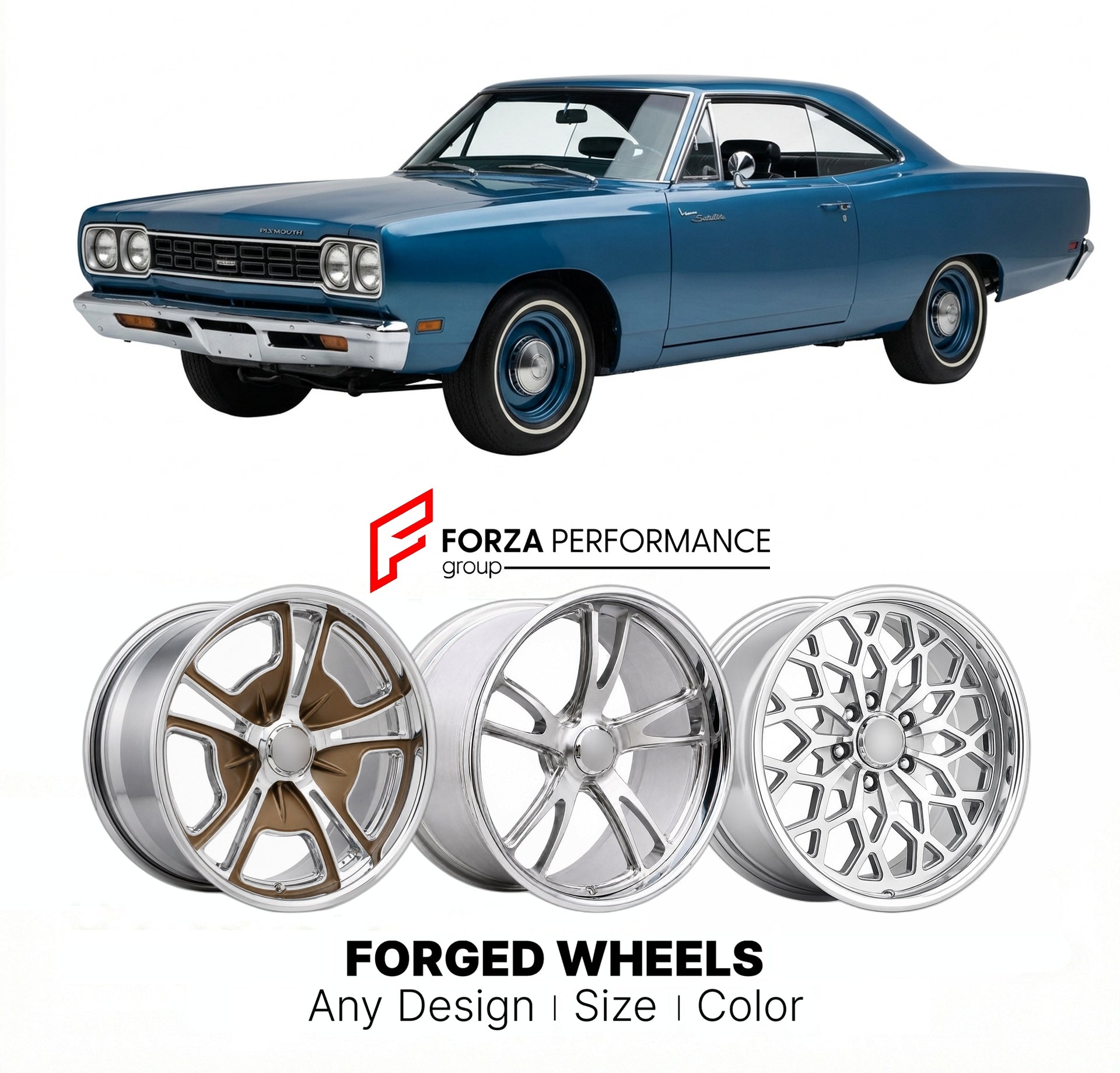 CUSTOM CLASSIC VINTAGE RESTOMOD RETRO OLD SCHOOL FORGED WHEELS RIMS for PLYMOUTH SATELLITE SEBRING 1969 - 1970
Custom forged wheels for classic American muscle cars. Ideal for restomod builds, vintage restorations, and show cars. Deep dish and retro styling available.

We manufacture premium quality forged wheels rims for Plymouth Satellite Sebring 1969 - 1970 in any design, size, color.

THIS WHEEL DESIGN CAN BE CUSTOM-MADE FOR YOUR CAR IN ANY SIZE AND COLOR OPTIONS
Available in monoblock, 2-piece, 3-piece