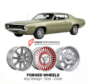 CUSTOM CLASSIC VINTAGE RESTOMOD RETRO OLD SCHOOL FORGED WHEELS RIMS for PLYMOUTH SATELLITE SEBRING 1971 - 1971
Custom forged wheels for classic American muscle cars. Ideal for restomod builds, vintage restorations, and show cars. Deep dish and retro styling available.

We manufacture premium quality forged wheels rims for Plymouth Satellite Sebring 1971 - 1971 in any design, size, color.

THIS WHEEL DESIGN CAN BE CUSTOM-MADE FOR YOUR CAR IN ANY SIZE AND COLOR OPTIONS
Available in monoblock, 2-piece, 3-piece