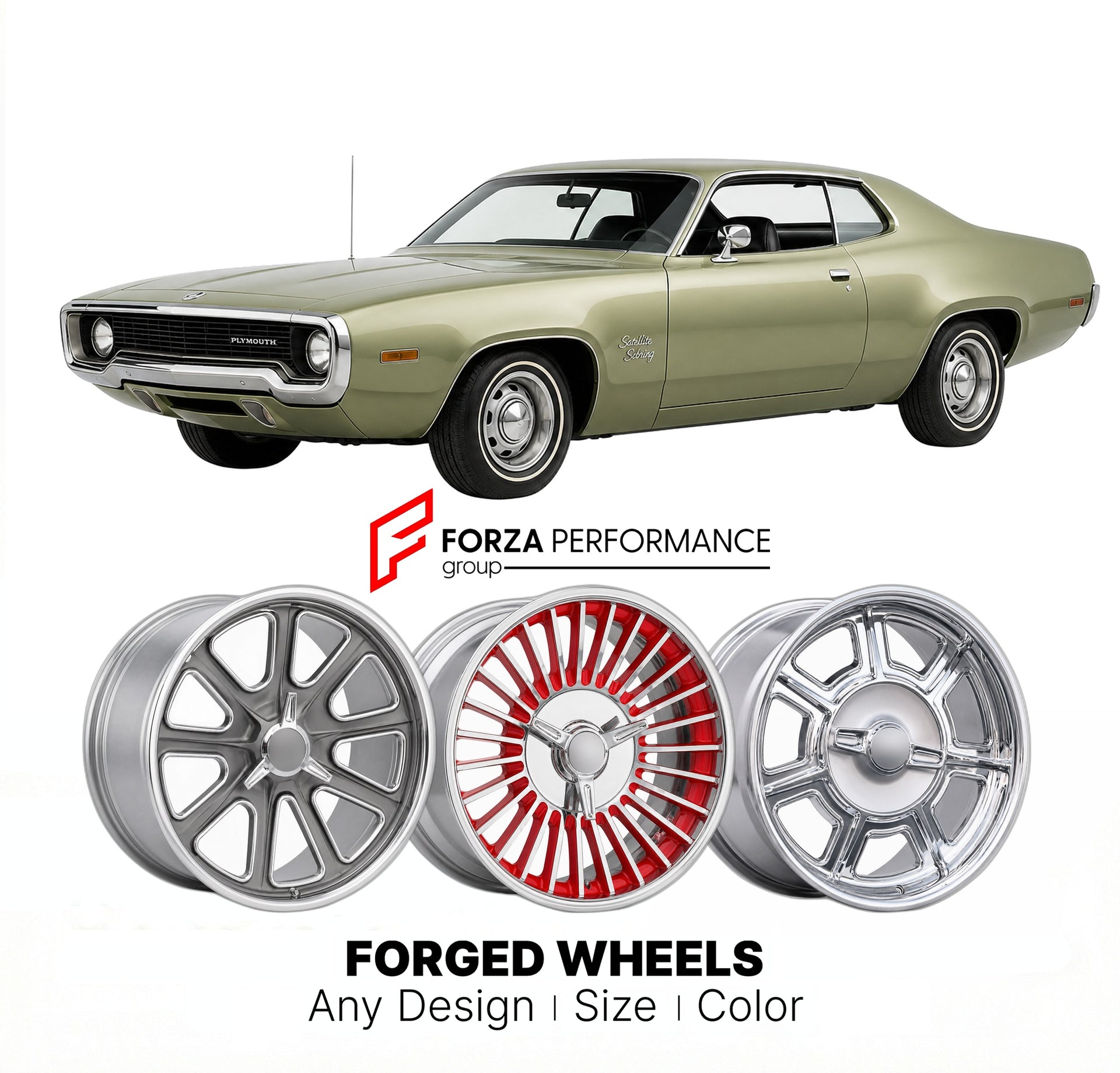 CUSTOM CLASSIC VINTAGE RESTOMOD RETRO OLD SCHOOL FORGED WHEELS RIMS for PLYMOUTH SATELLITE SEBRING 1971 - 1971
Custom forged wheels for classic American muscle cars. Ideal for restomod builds, vintage restorations, and show cars. Deep dish and retro styling available.

We manufacture premium quality forged wheels rims for Plymouth Satellite Sebring 1971 - 1971 in any design, size, color.

THIS WHEEL DESIGN CAN BE CUSTOM-MADE FOR YOUR CAR IN ANY SIZE AND COLOR OPTIONS
Available in monoblock, 2-piece, 3-piece