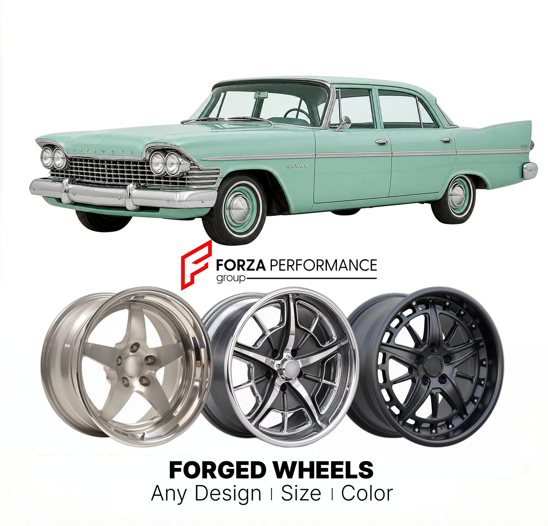 CUSTOM CLASSIC VINTAGE RESTOMOD RETRO OLD SCHOOL FORGED WHEELS RIMS for PLYMOUTH SAVOY 1958 - 1960
Custom forged wheels for classic American muscle cars. Ideal for restomod builds, vintage restorations, and show cars. Deep dish and retro styling available.

We manufacture premium quality forged wheels rims for Plymouth Savoy 1958 - 1960 in any design, size, color.

THIS WHEEL DESIGN CAN BE CUSTOM-MADE FOR YOUR CAR IN ANY SIZE AND COLOR OPTIONS
Available in monoblock, 2-piece, 3-piece, duoblock, beadlock
3D 