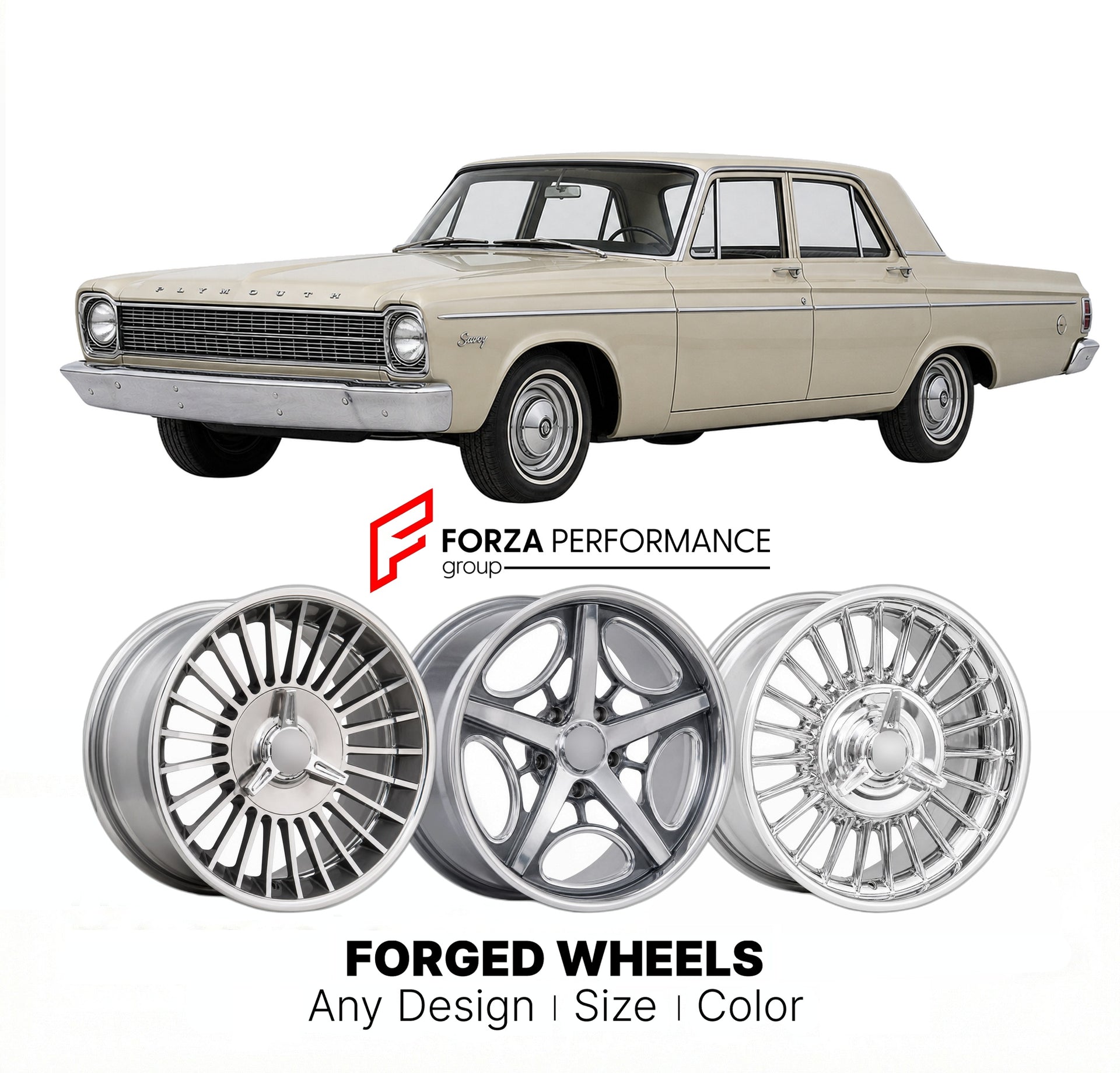 CUSTOM CLASSIC VINTAGE RESTOMOD RETRO OLD SCHOOL FORGED WHEELS RIMS for PLYMOUTH SAVOY 1961 - 1964
Custom forged wheels for classic American muscle cars. Ideal for restomod builds, vintage restorations, and show cars. Deep dish and retro styling available.

We manufacture premium quality forged wheels rims for Plymouth Savoy 1961 - 1964 in any design, size, color.

THIS WHEEL DESIGN CAN BE CUSTOM-MADE FOR YOUR CAR IN ANY SIZE AND COLOR OPTIONS
Available in monoblock, 2-piece, 3-piece, duoblock, beadlock
3D 