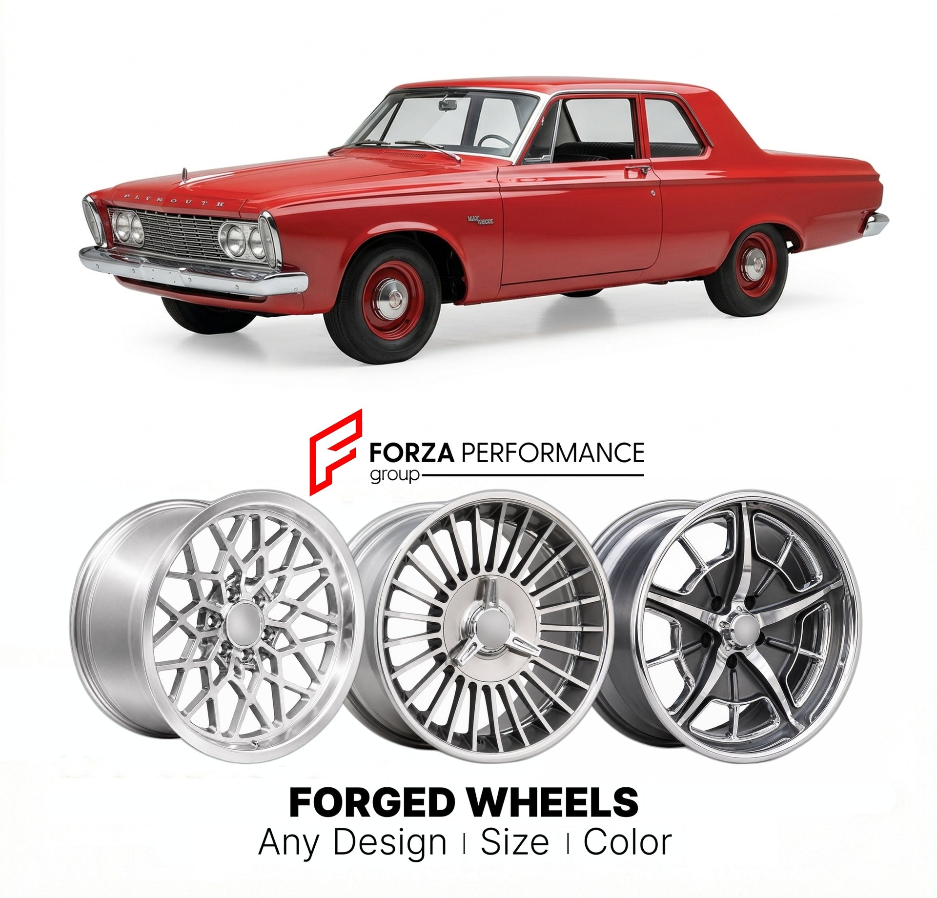 CUSTOM CLASSIC VINTAGE RESTOMOD RETRO OLD SCHOOL FORGED WHEELS RIMS for PLYMOUTH SAVOY MAX WEDGE 1963 - 1964
Custom forged wheels for classic American muscle cars. Ideal for restomod builds, vintage restorations, and show cars. Deep dish and retro styling available.

We manufacture premium quality forged wheels rims for Plymouth Savoy Max Wedge 1963 - 1964 in any design, size, color.

THIS WHEEL DESIGN CAN BE CUSTOM-MADE FOR YOUR CAR IN ANY SIZE AND COLOR OPTIONS
Available in monoblock, 2-piece, 3-piece, du