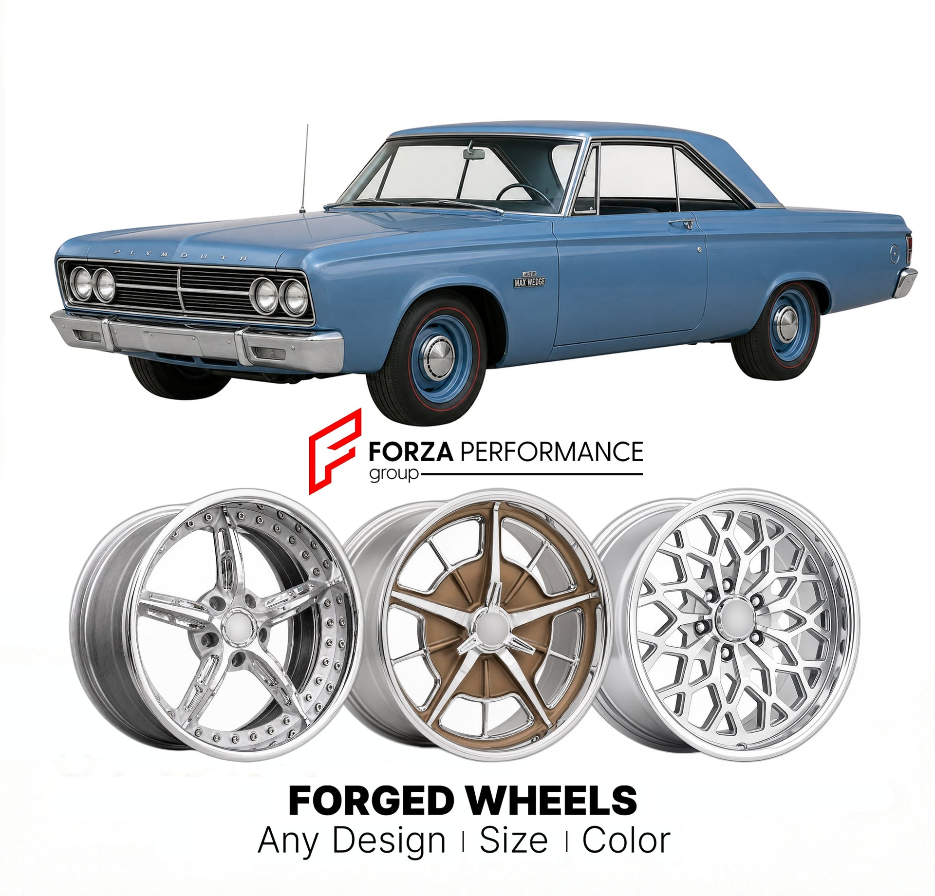 CUSTOM CLASSIC VINTAGE RESTOMOD RETRO OLD SCHOOL FORGED WHEELS RIMS for PLYMOUTH SAVOY MAX WEDGE 1965 - 1965
Custom forged wheels for classic American muscle cars. Ideal for restomod builds, vintage restorations, and show cars. Deep dish and retro styling available.

We manufacture premium quality forged wheels rims for Plymouth Savoy Max Wedge 1965 - 1965 in any design, size, color.

THIS WHEEL DESIGN CAN BE CUSTOM-MADE FOR YOUR CAR IN ANY SIZE AND COLOR OPTIONS
Available in monoblock, 2-piece, 3-piece, du
