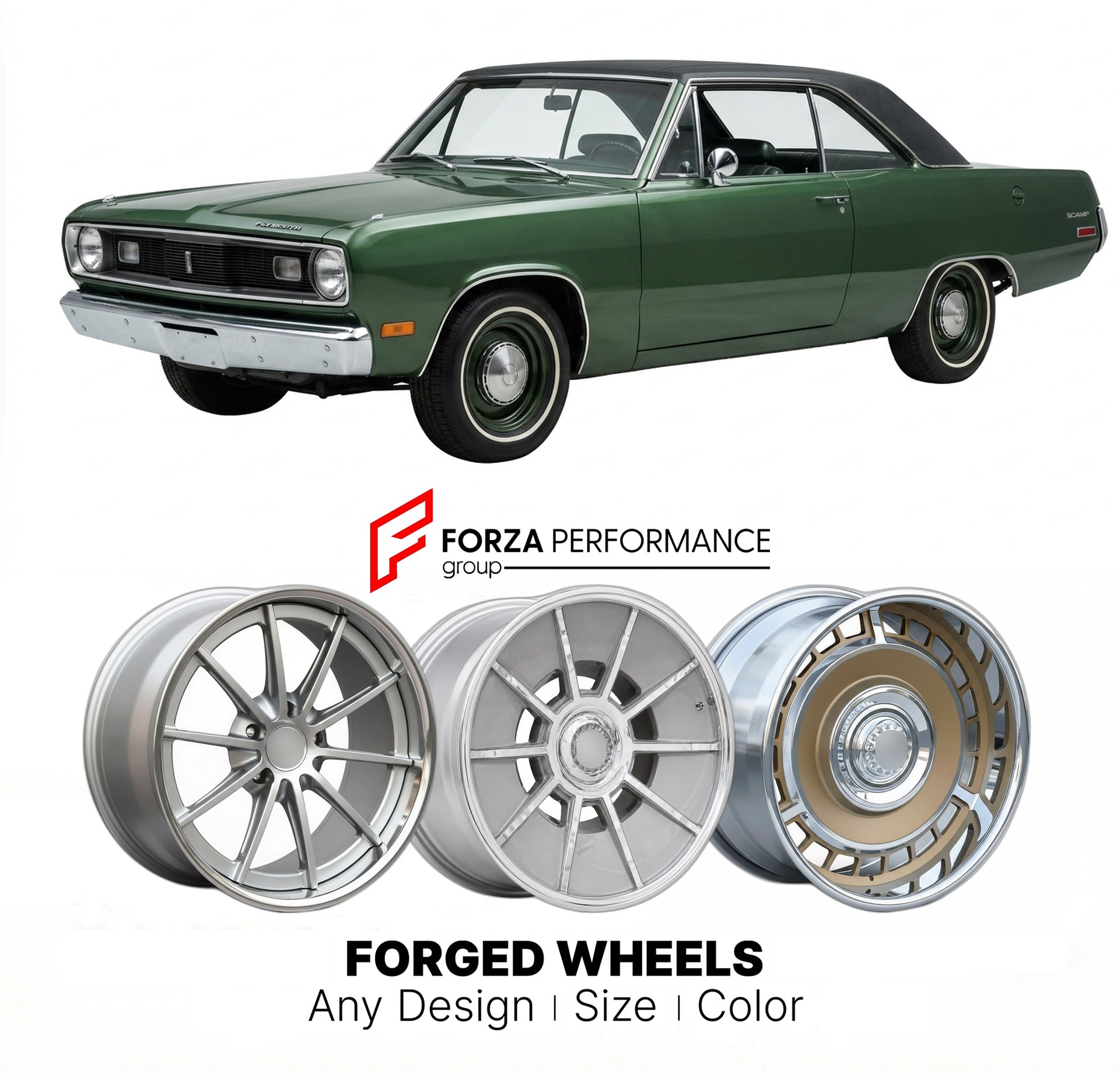 CUSTOM CLASSIC VINTAGE RESTOMOD RETRO OLD SCHOOL FORGED WHEELS RIMS for PLYMOUTH SCAMP 1971 - 1973
Custom forged wheels for classic American muscle cars. Ideal for restomod builds, vintage restorations, and show cars. Deep dish and retro styling available.

We manufacture premium quality forged wheels rims for Plymouth Scamp 1971 - 1973 in any design, size, color.

THIS WHEEL DESIGN CAN BE CUSTOM-MADE FOR YOUR CAR IN ANY SIZE AND COLOR OPTIONS
Available in monoblock, 2-piece, 3-piece, duoblock, beadlock
3D 