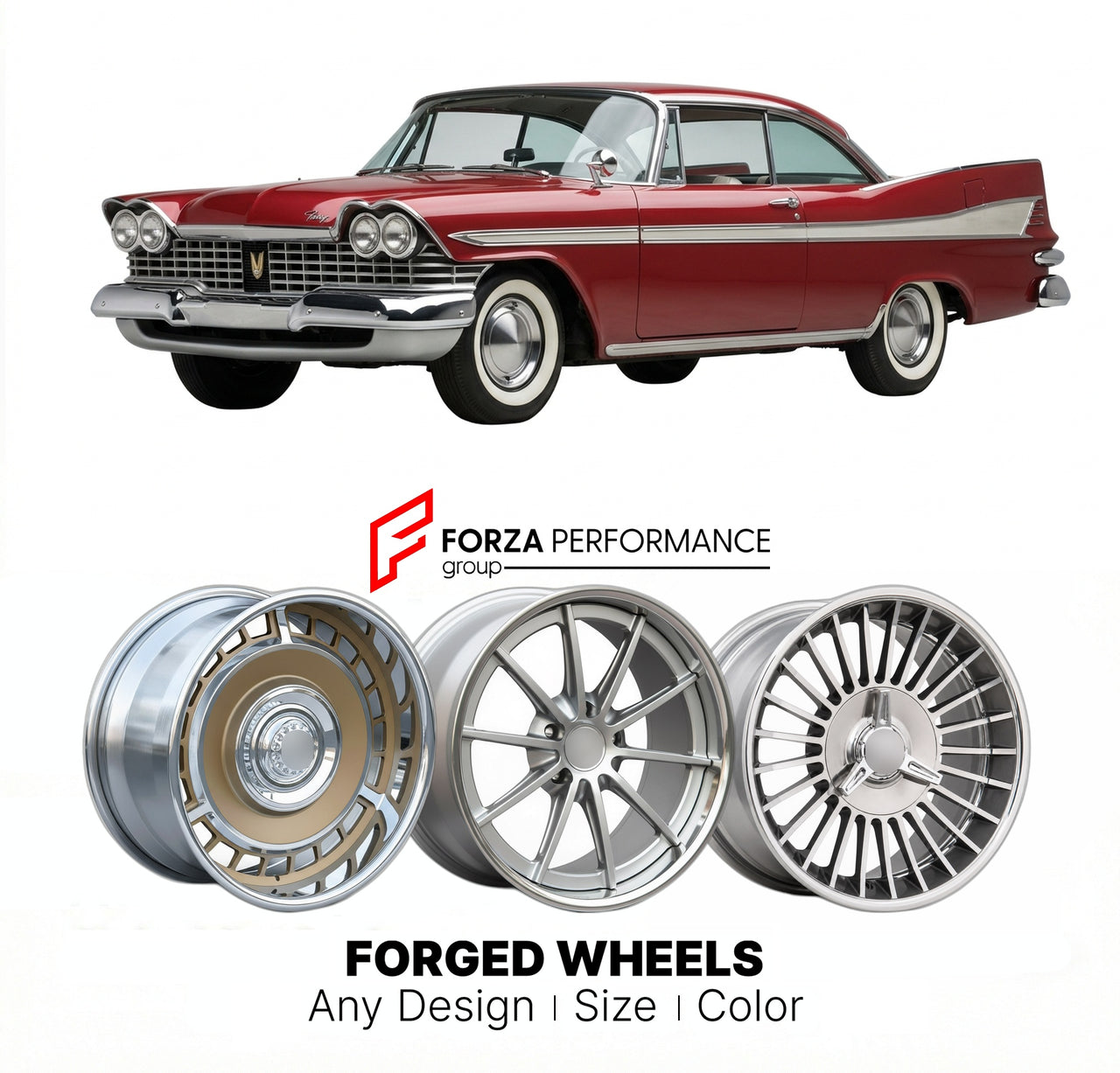 CUSTOM CLASSIC VINTAGE RESTOMOD RETRO OLD SCHOOL FORGED WHEELS RIMS for PLYMOUTH SPORT FURY 1959 - 1961
Custom forged wheels for classic American muscle cars. Ideal for restomod builds, vintage restorations, and show cars. Deep dish and retro styling available.

We manufacture premium quality forged wheels rims for Plymouth Sport Fury 1959 - 1961 in any design, size, color.

THIS WHEEL DESIGN CAN BE CUSTOM-MADE FOR YOUR CAR IN ANY SIZE AND COLOR OPTIONS
Available in monoblock, 2-piece, 3-piece, duoblock, be