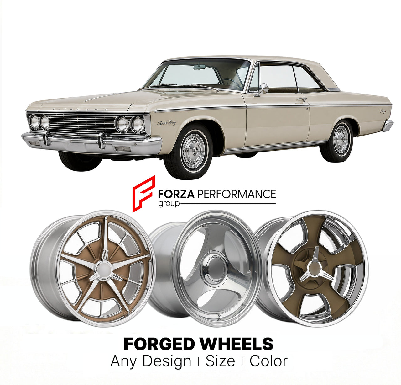CUSTOM CLASSIC VINTAGE RESTOMOD RETRO OLD SCHOOL FORGED WHEELS RIMS for PLYMOUTH SPORT FURY 1962 - 1964
Custom forged wheels for classic American muscle cars. Ideal for restomod builds, vintage restorations, and show cars. Deep dish and retro styling available.

We manufacture premium quality forged wheels rims for Plymouth Sport Fury 1962 - 1964 in any design, size, color.

THIS WHEEL DESIGN CAN BE CUSTOM-MADE FOR YOUR CAR IN ANY SIZE AND COLOR OPTIONS
Available in monoblock, 2-piece, 3-piece, duoblock, be