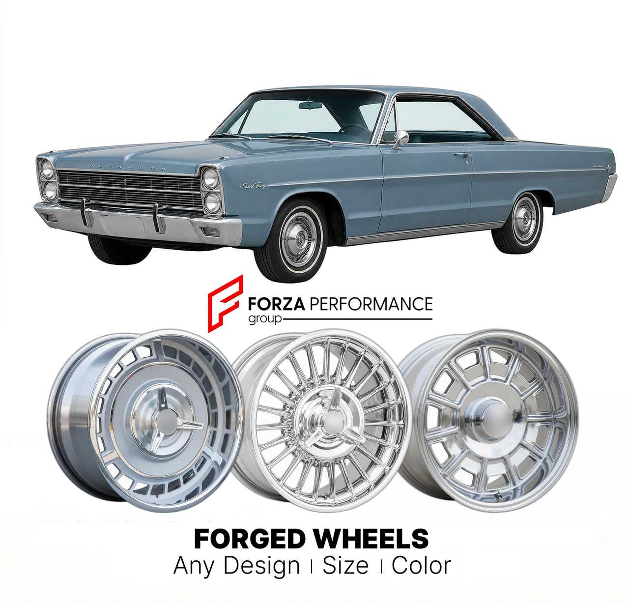 CUSTOM CLASSIC VINTAGE RESTOMOD RETRO OLD SCHOOL FORGED WHEELS RIMS for PLYMOUTH SPORT FURY 1965 - 1967
Custom forged wheels for classic American muscle cars. Ideal for restomod builds, vintage restorations, and show cars. Deep dish and retro styling available.

We manufacture premium quality forged wheels rims for Plymouth Sport Fury 1965 - 1967 in any design, size, color.

THIS WHEEL DESIGN CAN BE CUSTOM-MADE FOR YOUR CAR IN ANY SIZE AND COLOR OPTIONS
Available in monoblock, 2-piece, 3-piece, duoblock, be