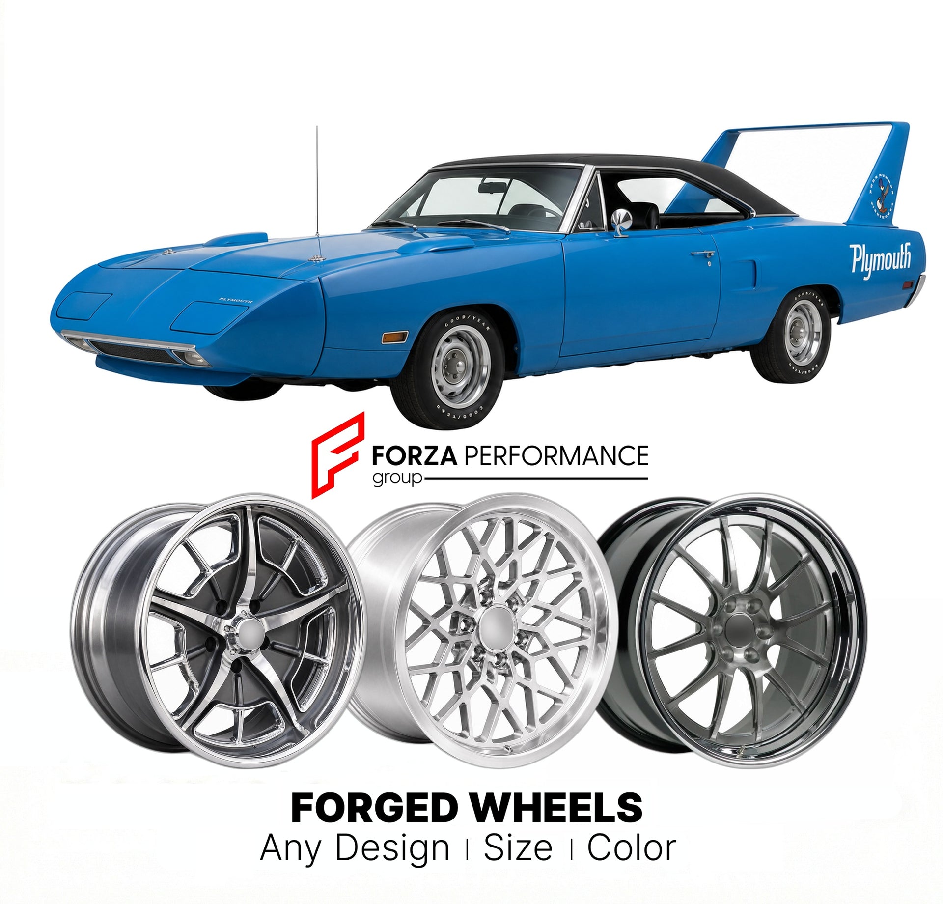 CUSTOM CLASSIC VINTAGE RESTOMOD RETRO OLD SCHOOL FORGED WHEELS RIMS for PLYMOUTH SUPERBIRD 1970 - 1970
Custom forged wheels for classic American muscle cars. Ideal for restomod builds, vintage restorations, and show cars. Deep dish and retro styling available.

We manufacture premium quality forged wheels rims for Plymouth Superbird 1970 - 1970 in any design, size, color.

THIS WHEEL DESIGN CAN BE CUSTOM-MADE FOR YOUR CAR IN ANY SIZE AND COLOR OPTIONS
Available in monoblock, 2-piece, 3-piece, duoblock, bead