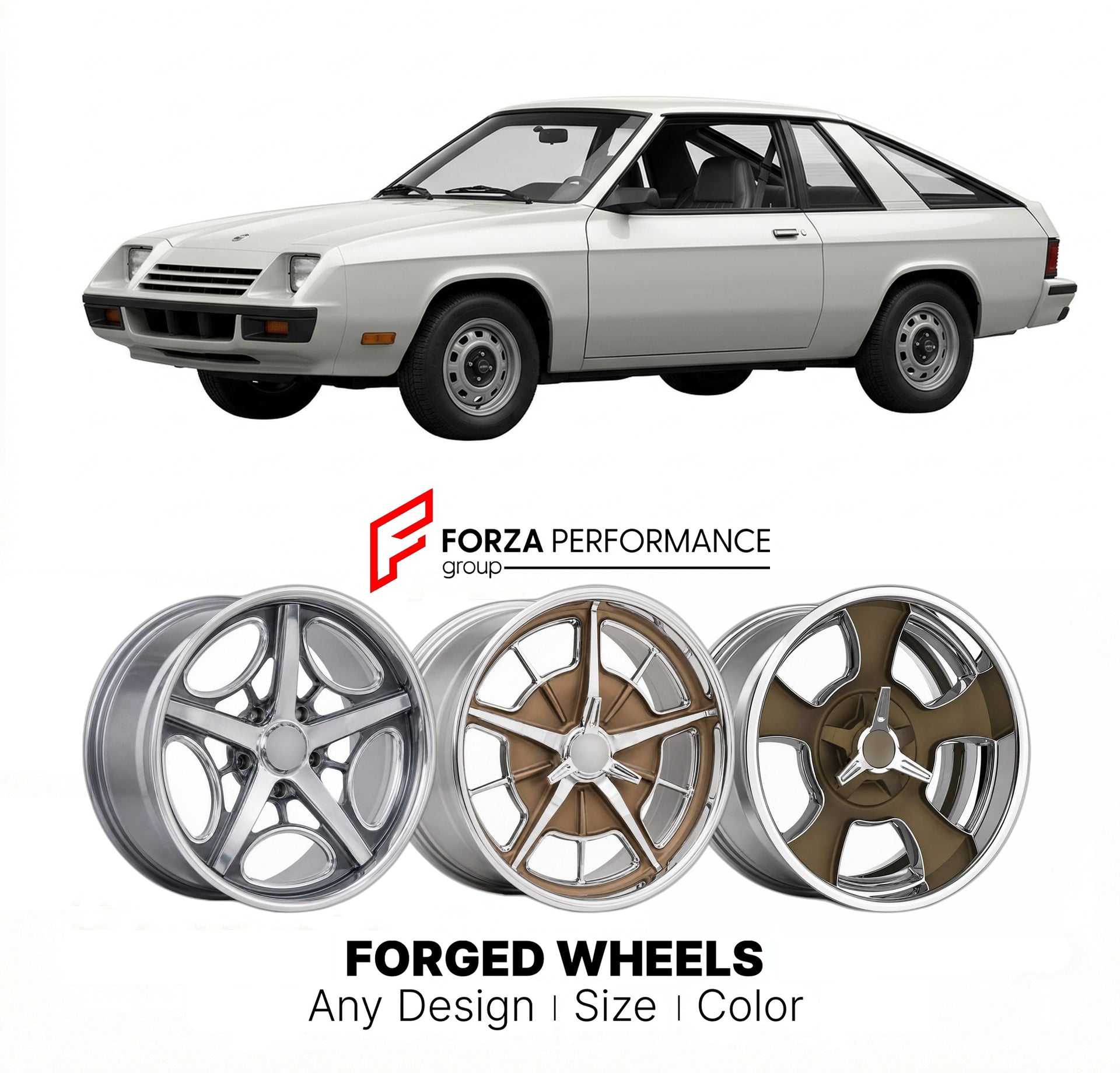 CUSTOM CLASSIC VINTAGE RESTOMOD RETRO OLD SCHOOL FORGED WHEELS RIMS for PLYMOUTH TURISMO 1981 - 1987
Custom forged wheels for classic American muscle cars. Ideal for restomod builds, vintage restorations, and show cars. Deep dish and retro styling available.

We manufacture premium quality forged wheels rims for Plymouth Turismo 1981 - 1987 in any design, size, color.

THIS WHEEL DESIGN CAN BE CUSTOM-MADE FOR YOUR CAR IN ANY SIZE AND COLOR OPTIONS
Available in monoblock, 2-piece, 3-piece, duoblock, beadlock