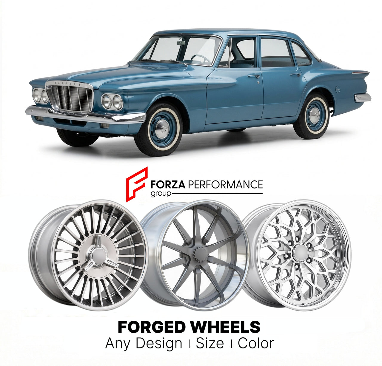 CUSTOM CLASSIC VINTAGE RESTOMOD RETRO OLD SCHOOL FORGED WHEELS RIMS for PLYMOUTH VALIANT 1960 - 1962
Custom forged wheels for classic American muscle cars. Ideal for restomod builds, vintage restorations, and show cars. Deep dish and retro styling available.

We manufacture premium quality forged wheels rims for Plymouth Valiant 1960 - 1962 in any design, size, color.

THIS WHEEL DESIGN CAN BE CUSTOM-MADE FOR YOUR CAR IN ANY SIZE AND COLOR OPTIONS
Available in monoblock, 2-piece, 3-piece, duoblock, beadlock