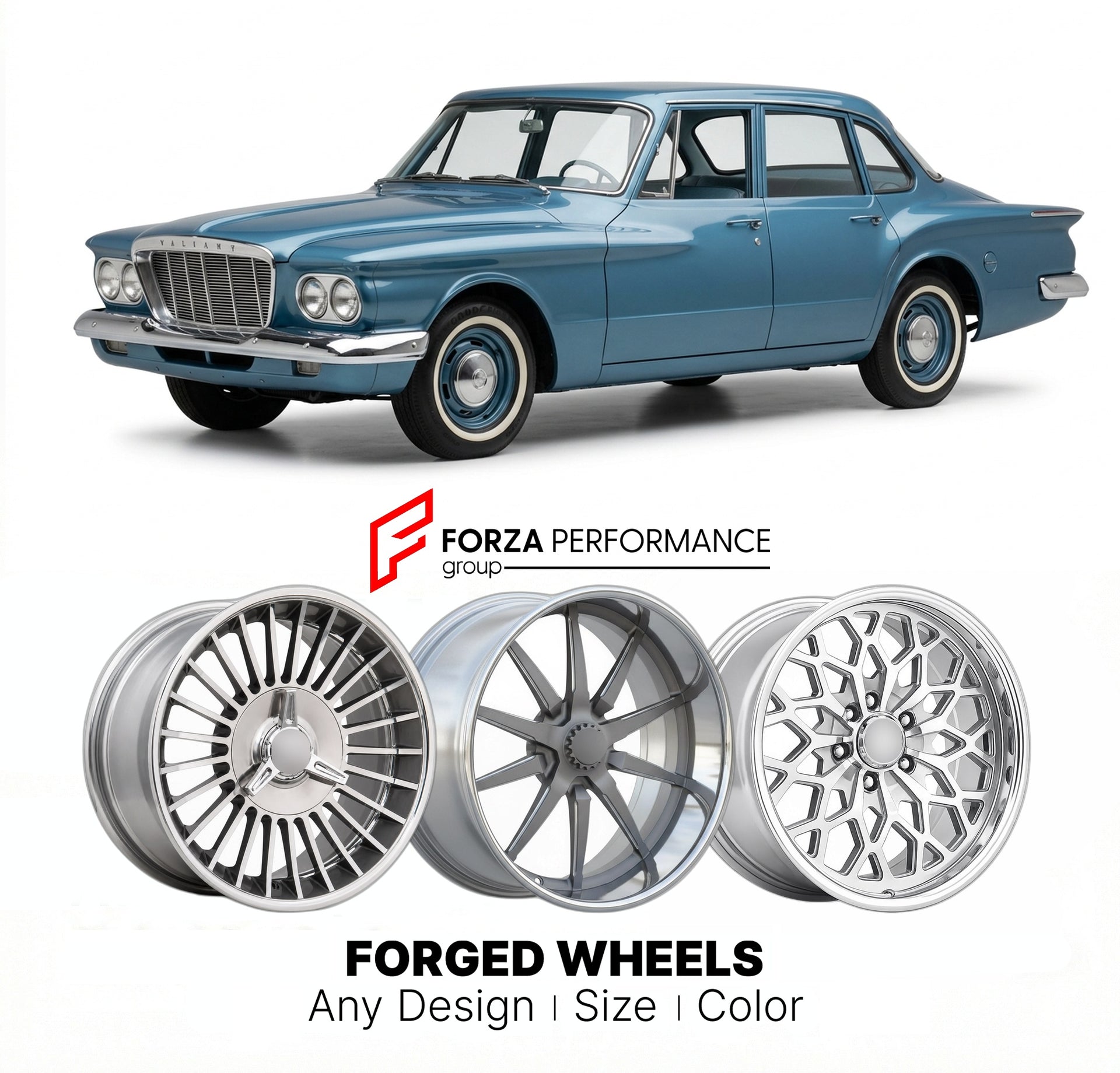 CUSTOM CLASSIC VINTAGE RESTOMOD RETRO OLD SCHOOL FORGED WHEELS RIMS for PLYMOUTH VALIANT 1960 - 1962
Custom forged wheels for classic American muscle cars. Ideal for restomod builds, vintage restorations, and show cars. Deep dish and retro styling available.

We manufacture premium quality forged wheels rims for Plymouth Valiant 1960 - 1962 in any design, size, color.

THIS WHEEL DESIGN CAN BE CUSTOM-MADE FOR YOUR CAR IN ANY SIZE AND COLOR OPTIONS
Available in monoblock, 2-piece, 3-piece, duoblock, beadlock
