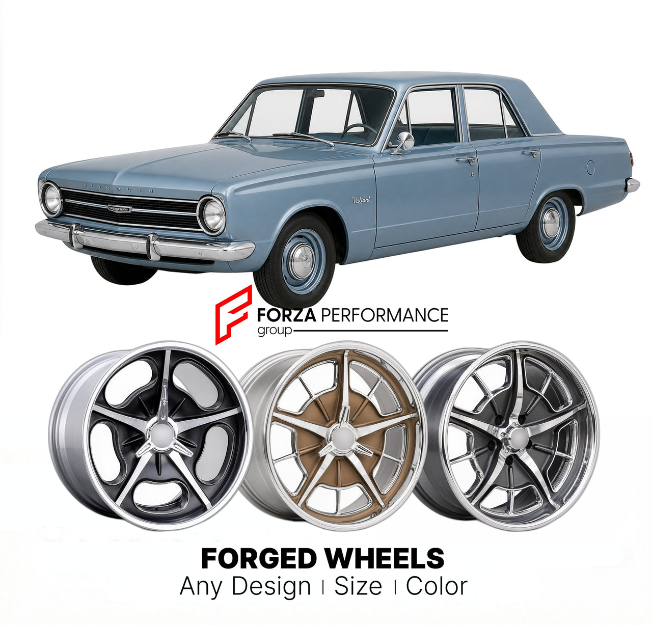 CUSTOM CLASSIC VINTAGE RESTOMOD RETRO OLD SCHOOL FORGED WHEELS RIMS for PLYMOUTH VALIANT 1963 - 1966
Custom forged wheels for classic American muscle cars. Ideal for restomod builds, vintage restorations, and show cars. Deep dish and retro styling available.

We manufacture premium quality forged wheels rims for Plymouth Valiant 1963 - 1966 in any design, size, color.

THIS WHEEL DESIGN CAN BE CUSTOM-MADE FOR YOUR CAR IN ANY SIZE AND COLOR OPTIONS
Available in monoblock, 2-piece, 3-piece, duoblock, beadlock